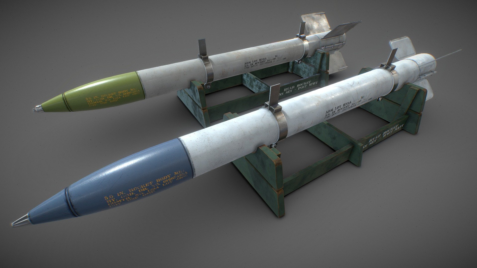 HiPoly models set. Two High Velocity Aircraft Rockets (HVAR) with different fins variations (ww2 navy / post ww2) laying on wooden stands.
Textures are in mostly 4k ( only clamps are 2k) and contain 2 color variants 3d model