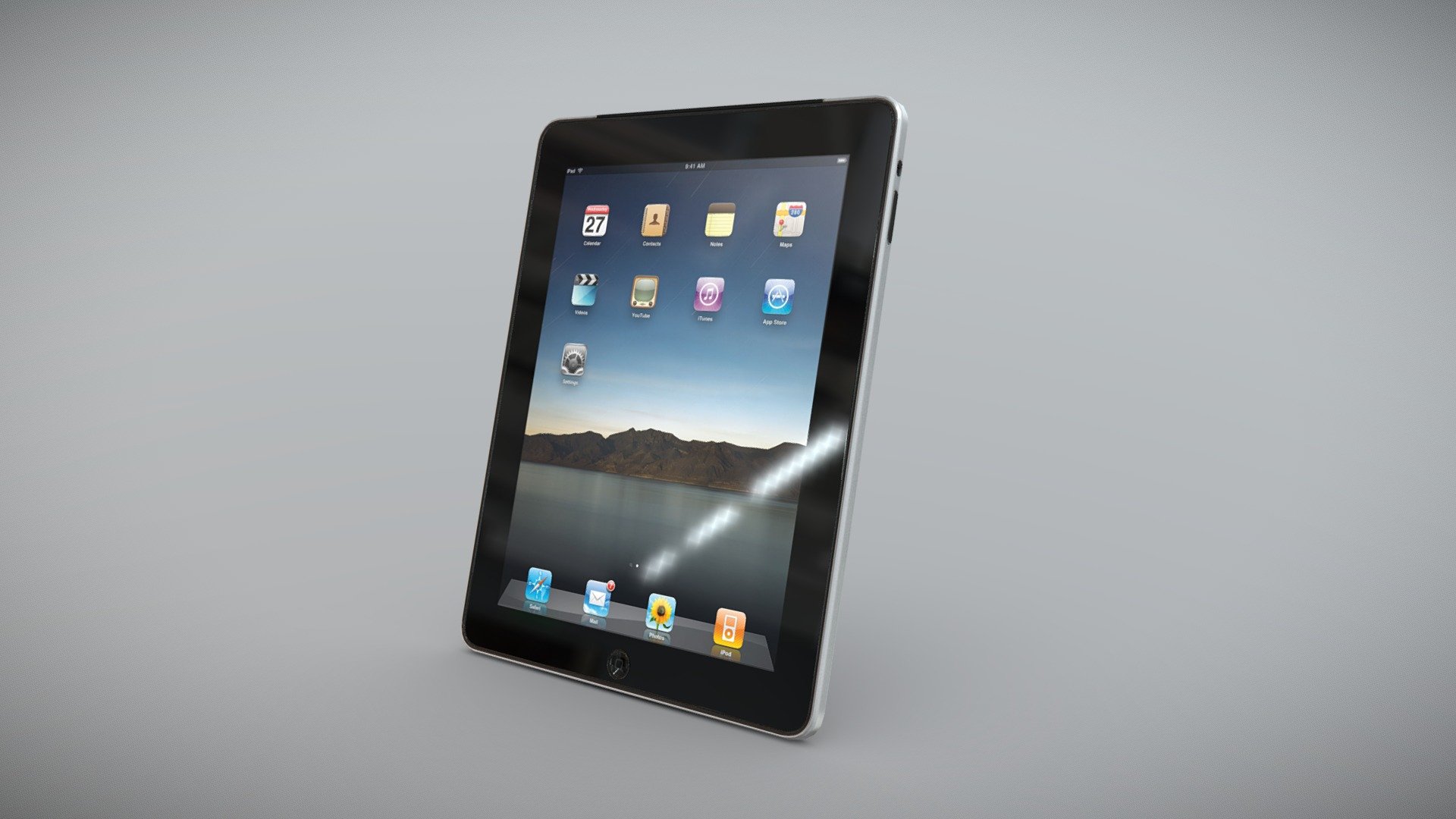 •   Let me present to you high-quality low-poly 3D model Apple iPad. Modeling was made with ortho-photos of real tablet that is why all details of design are recreated most authentically.

•    This model consists of one mesh, it is low-polygonal and it has only one material.

•   The total of the main textures is 5. Resolution of all textures is 2048 pixels square aspect ratio in .png format. Also there is original texture file .PSD format in separate archive.

•   Polygon count of the model is – 1259.

•   The model has correct dimensions in real-world scale. All parts grouped and named correctly.

•   To use the model in other 3D programs there are scenes saved in formats .fbx, .obj, .DAE, .max (2010 version).

Note: If you see some artifacts on the textures, it means compression works in the Viewer. We recommend setting HD quality for textures. But anyway, original textures have no artifacts 3d model