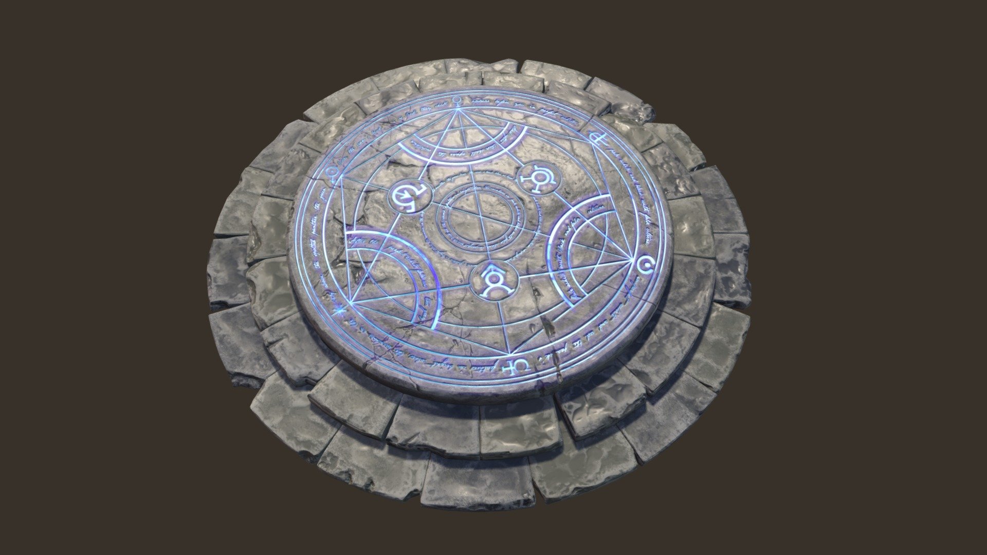 This is a stone floor portal meant for a dungeon or an ancient temple. The sigil inscribed into the piece comes from an alchemic human transmutation circle design. Sculpted in Zbrush, modeled in Maya, textured in Substance Painter 3d model