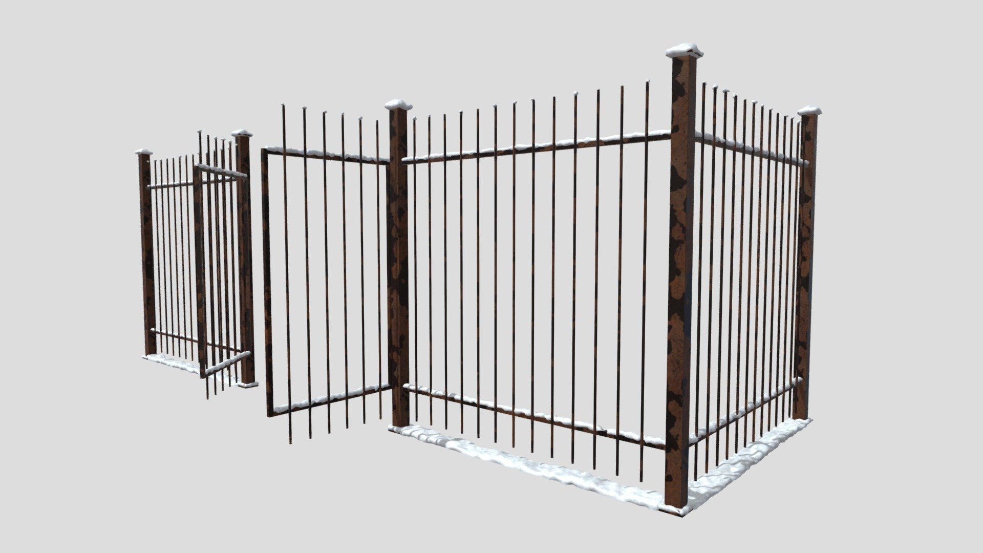 Tall fence with a corner and a gate covered with a layer of snow for winter outdoor scenes and more. This is a Rusty metal type of fences with snow.

All textures and materials are included and mapped in every format. The model is completely ready for use visualization in any 3d software and engines that support any of the formats described below.

Technical details:




File Size: 37,0 MB

File formats included in the package are: FBX | OBJ | 3DS | MAX





Additional 3ds Max Files: Corona Renderer | V-Ray | Standart




High quality PBR textures: 8192x8192px resolution




Tall Fence: vertex count ~9k, ~8k quad polygons




Snow Cover: vertex count ~33k, ~32k quad polygons




Total: Quads 40.4k, triangles 81.1k




Textures: Base_Color, Metallic, Roughness, Normal, Height




Dimensions of Tall Fence: 449x222x163cm



I wish you all the best! And good luck with your renders! - English Fence | Snow-covered - 3D model by pactakt 3d model