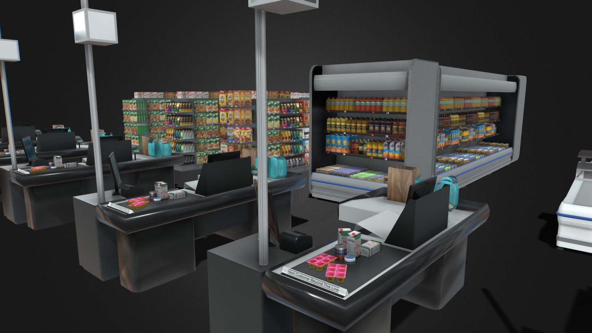 Supermarket shelves checkout fridges freezers

Shop Aisle or shelving Shelf with coffee Shelf with Cereal - 1 Shelf with Cereal - 2 Shelf with rusks / Biscotty Shelf with boxed pasta and sauce / ready meal

Checkout or till point cash desk Checkout desk Till point Card machine

Standing fridge The model consists of 4 notable pieces of 3d mesh when opened: Individual elements - can be used to assemble a custom scene to your liking. I recommend just using array to nake up the length, then sape cthe end caps to finalize the model to your length A pre built wall fridge configuration A pre built Ailse frige or refrigirated area A single fridge configuration The strore grocery products on shelf in the open freezer is as follows: Product Included: Bottles: Juiced, Clover Duo Krush Orange, Red Grape, Guava, Mango, Clover Tropika, Mango peach, Tropical, Pineapple Henties, Guava, Orange, Butters and spread, margarine Rama, Stork, Sunshine D Ole, - Supermarket shelves checkout fridges freezers - Buy Royalty Free 3D model by 3D Content Online (@hknoblauch) 3d model