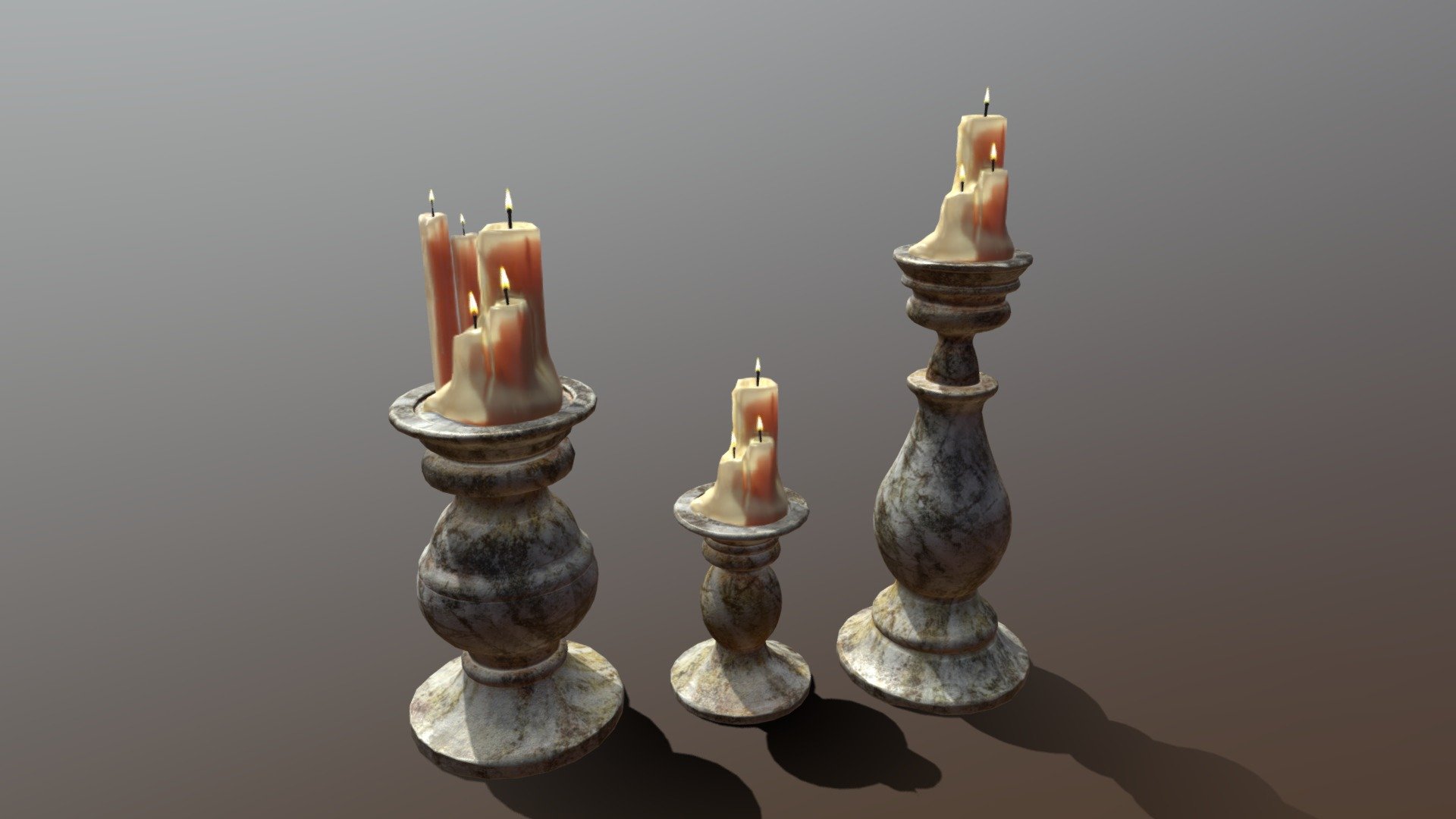 Lilac Marble CandleHolders 3D Model. This model contains the Lilac Marble CandleHolders itself 

All modeled in Maya, textured with Substance Painter.

The model was built to scale and is UV unwrapped properly. 

Contains THREE (3) Texture Sets: One for the thin candles, one for the big melted candle, and one for the Candle Holders

⦁   19053 tris. 

⦁   Contains: .FBX .OBJ and .DAE

⦁   Model has clean topology. No Ngons.

⦁   Built to scale

⦁   Unwrapped UV Map

⦁   4K Texture set

⦁   High quality details

⦁   Based on real life references

⦁   Renders done in Marmoset Toolbag

Polycount: 

Verts 9709

Edges 19271

Faces 9604

Tris 19053

If you have any questions please feel free to ask me 3d model