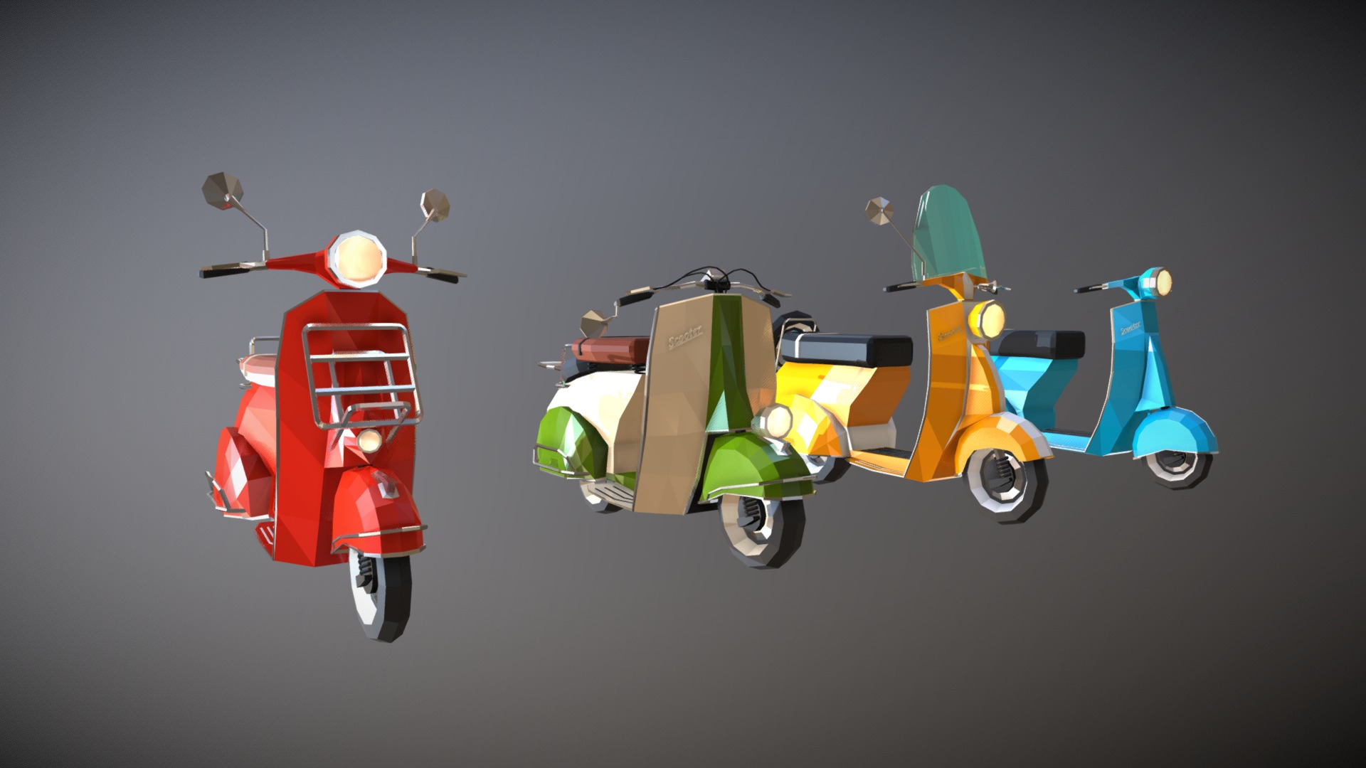 ● consists of:





Low Poly Scooter 01




Low Poly Scooter 02




Low Poly Scooter 03




Low Poly Scooter 04



● available exchange formats: OBJ, FBX, 3DS

● ready to use for Virtual Reality, Augmented Reality and Game applications

● clean meshes 

Have fun with this collection :) - Low Poly Scooter Pack - Buy Royalty Free 3D model by Linder-Media 3d model