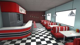 Retro Diner bar, room, virtual, burger, food, restaurant, vintage, chairs, diner, stools, fast, tables, vr, counter, 60s, 70s, place, blender, pbr, interior