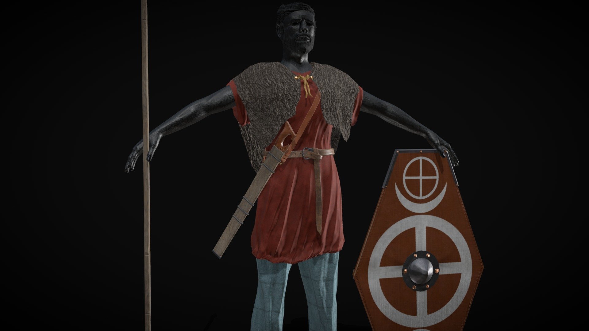 Suebi Auxilia Warrior
This brave Germanic warrior served as auxilia in the army of Gaius Julius Cesar.
Character is intended to be used in historically accurate scenes or any other game environment.




Prefab:



SM_belt – Polygon: 438

SM_body – Polygon: 8202

SM_cape – Polygon: 744

SM_pants – Polygon: 965

SM_scabard – Polygon: 396

SM_shield – Polygon: 362

SM_shoes – Polygon: 806

SM_spear – Polygon: 94

SM_sword – Polygon: 190

SM_tunica – Polygon: 668


Technical details



UV mapping and geometry: Polygonal Quads.

Texture set dimensions and number: 2048x2048; (4) set (6 channels).

Types of materials and texture maps: PBR metallic – roughness.


Source:
T. Tacitus, &ldquo;Germania,