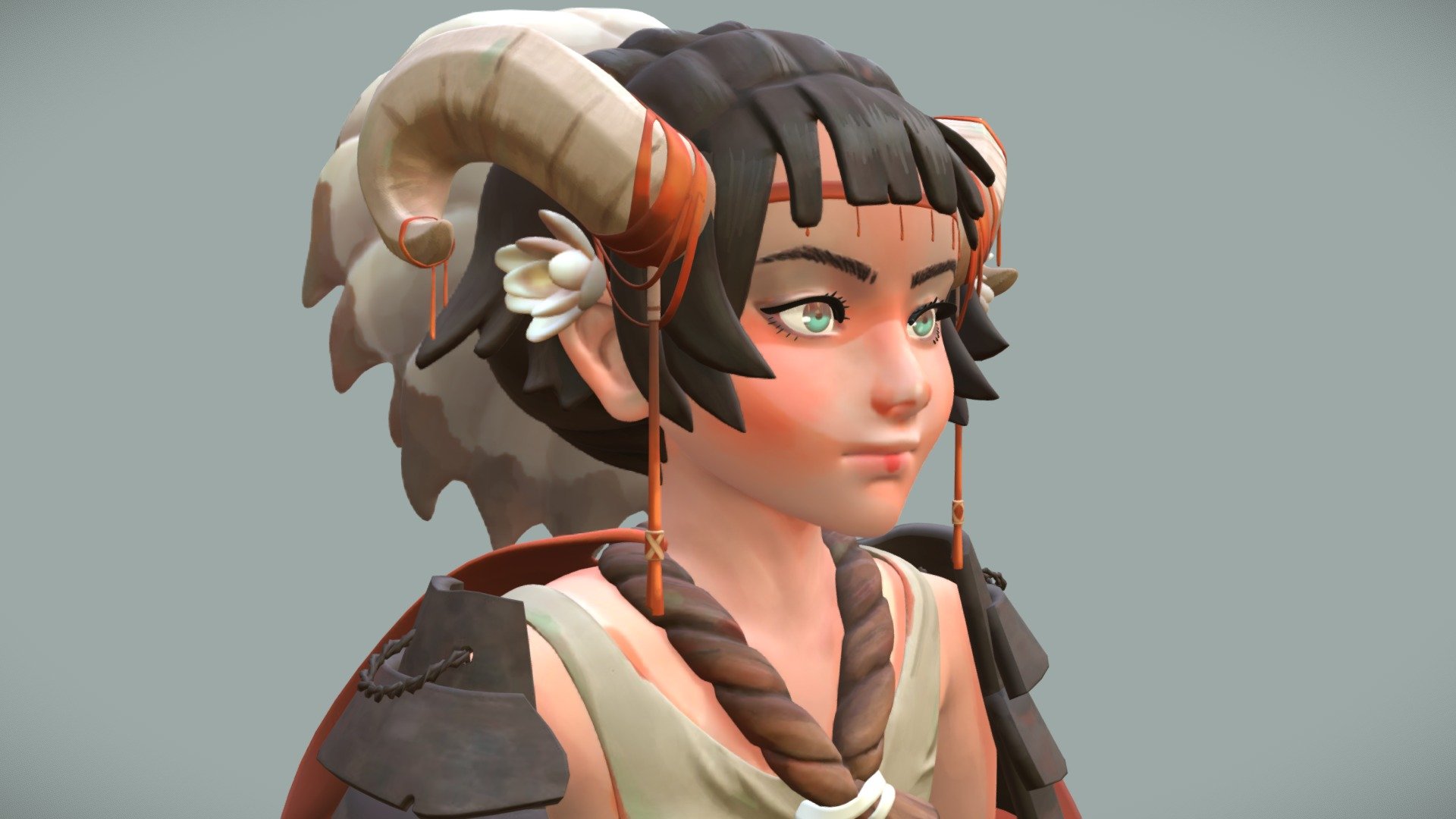 Practicing different style from what I have been posting recently.
Really enjoyed reproducing the beautiful tone of the original work by mixing subtle colors on her skin, eyes, horns, etc.

3D rendition of Ram Knight by GUWEIZ, check out her awesome works on her twitter account!
 - Ram Knight - 3D model by Akiko.Tomiyoshi 3d model
