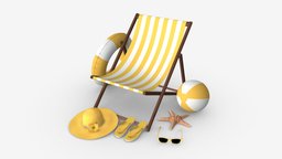 Beach composition 01 yellow hat, bucket, fashion, coast, travel, scoop, resort, slippers, accessory, inflatable, beach, straw, chaiselongue, seastar, 3d, pbr, chair, ring