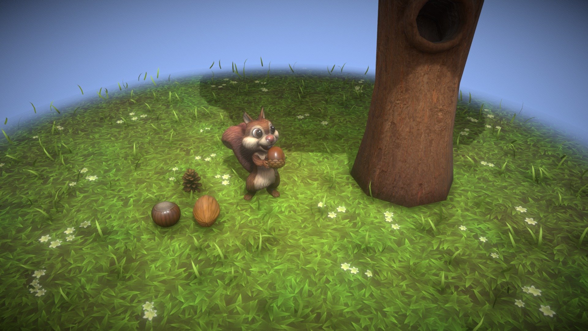Cartoon Animated Squirrel 30 Animations with Props 3D Model consist of following 7 models: Cartoon Animated Squirrel, Cartoon Tree With Hollow, Cartoon Grass, Cartoon Acorn, Cartoon Pine Cone, Cartoon Hazelnut, and Cartoon Walnut.  

Technical details:  




File formats included in the package are: FBX, GLB, ABC, DAE, OBJ, PLY, STL, BLEND, UnityPackage, gLTF (generated), USDZ (generated)

Native software file format: BLEND

Render engine: Eevee

Squirrel - Polygons: 2,164, Vertices: 1,761

Tree with Hollow - Polygons: 432, Vertices: 405

Grass - Polygons: 1,392, Vertices: 3,159

Acorn - Polygons: 480, Vertices: 482

Pine Cone - Polygons: 2,336, Vertices: 2,650

Hazelnut - Polygons: 544, Vertices: 514

Walnut - Polygons: 384, Vertices: 386

Textures (for each model): Color, Metallic, Roughness, Normal, AO

All textures are 2k resolution.

The squirrel model is rigged and animated.

30 animations are included
 - Cartoon Squirrel 30 Animations with Props - Buy Royalty Free 3D model by 3DDisco 3d model