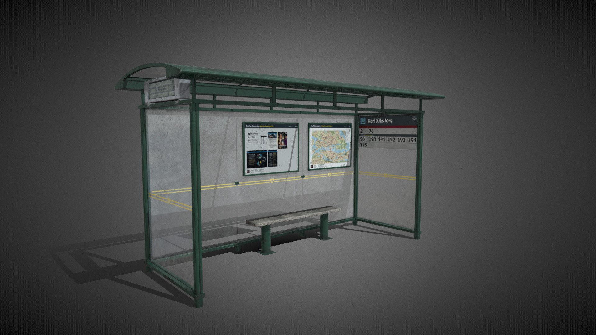 a busstop  often found in stockholm. this one stands at kungsträdgården.

modeled in 3dsmax,  painted in substance.

pbr, good for visualisation, games, vr and ar 3d model