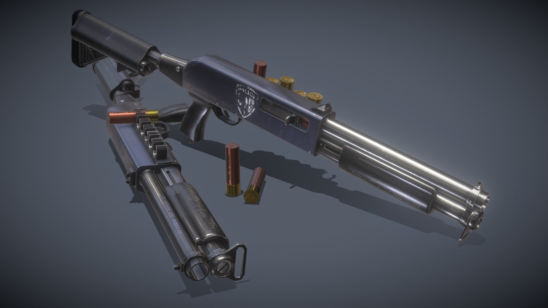 The Famous Shotgun used in a large panel of countries.

– 3D Model close to the original but partially reinterpreted 
– Proportions are partially respected compared to the original weapon 
– Optimised for Game engine (Tested on Unity 3D) 
– Some parts are separated from the main model for a better 3D animation usecase.

Made with Cinema 4D Textured with ArmorPaint

//////////////// Model informations //////////////// 
– Points : 7486 
– Polygons : 7543
– Objects: 18 
- One material made of 4 Textures (20482048 px) for all the model  (Albedo (base), Normal, Metal, Rough*) - Hillbilly 869 Shotgun Cal 12 - 3D model by Gwenaël Hervé (@Gwenael_Herve) 3d model