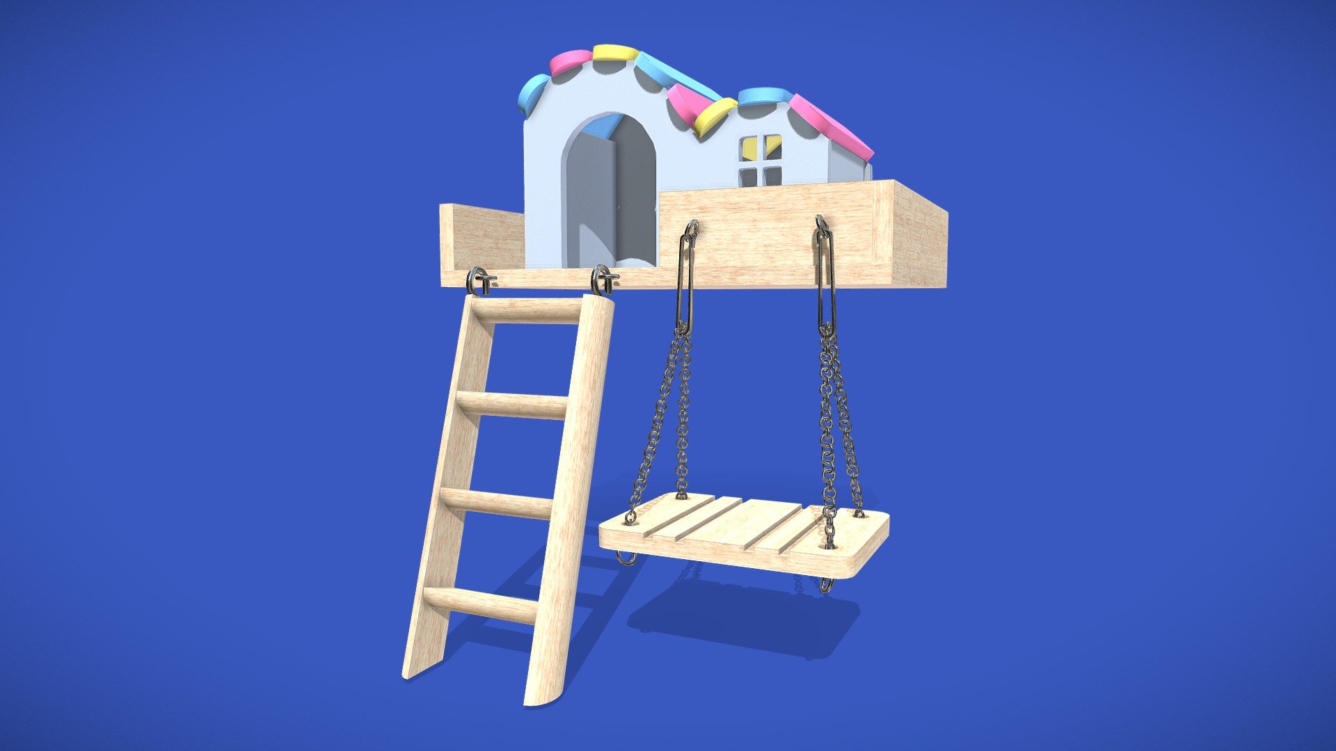 This is a 3D model of a Mini House With Swing For Hamster Low-poly

Made in Blender 2.9x (Cycles Materials) and Rendering Cycles.

Main rendering made in Blender 2.9 + Cycles using some HDR Environment Textures Images for lighting which is NOT provided in the package!

What does this package include?

3D Modeling of Mini House With Swing For Hamster Low-poly

2K and 4K Textures (Base Color, Normal Map, Roughness, Ambient Occlusion, Metallic)

Important notes

File format included - (Blend, FBX, OBJ, MTL)

Texture size - 2K and 4K

Uvs non - overlapping

Polygon: Quads

Centered at 0,0,0
In some formats may be needed to reassign textures and add HDR Environment Textures Images for lighting.
Not lights include
Renders preview have not post processing
No special plugin needed to open the scene.

If you like my work, please leave your comment and like, it helps me a lot to create new content. If you have any questions or changes about colors or another thing, you can contact me at we3domodel@gmail.com - Mini House With Swing For Hamster Low-poly - Buy Royalty Free 3D model by We3Do (@we3DoModel) 3d model