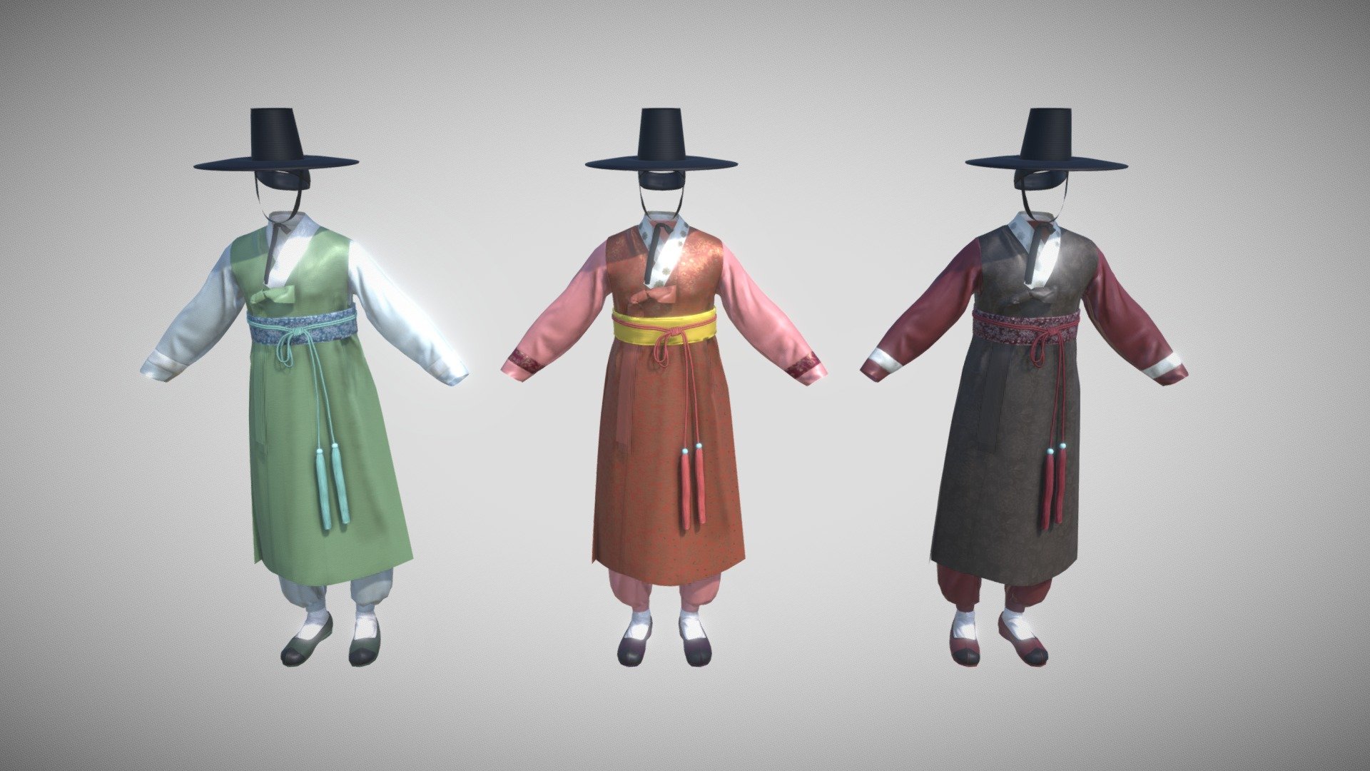 This model is GAME READY for Unity

File Formats:

3ds Max 2019 FBX (Multi Format)

Model: The Hanbok is modeled on a real scale.

Geometry count:




11,528 polys ( Clothes : 7,949  / Hat : 1,841 / Shoes : 1,738 )

22,806 tris ( Clothes : 15,729 / Hat : 3,604 / Shoes : 3,476 )

11,917 verts ( Clothes : 8,112 / Hat : 1,991 / Shoes : 1,814 )
Textures: 2048x2048 Albedo, Metallic, Normal Maps

Textures designed for physically based rendering (PBR) Textures in .png format

I have exported specialized texture maps for Unity 3d model