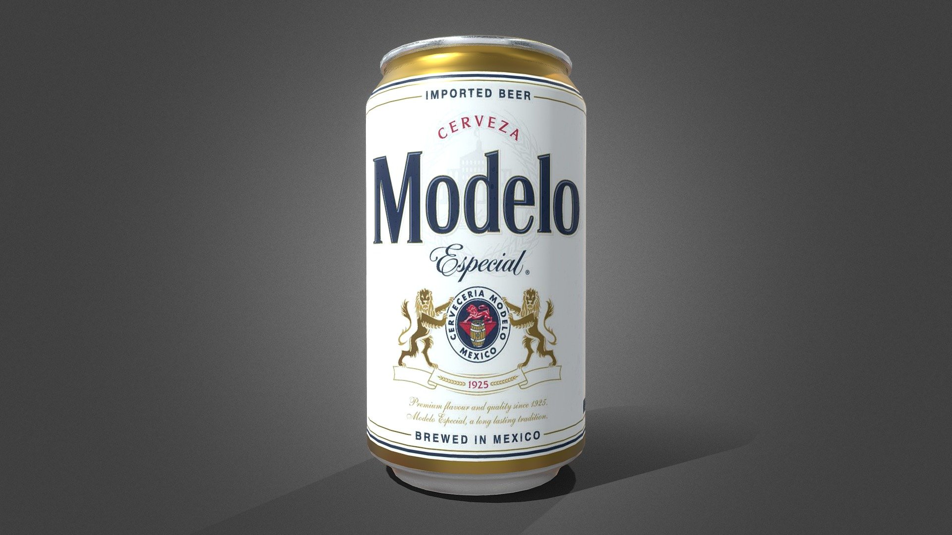 FBX, OBJ, BLEND, TEXTURES
The 3D model reproduces the of a Modelo beer can. It features a metallic finish with the distinctive Modelo branding 3d model