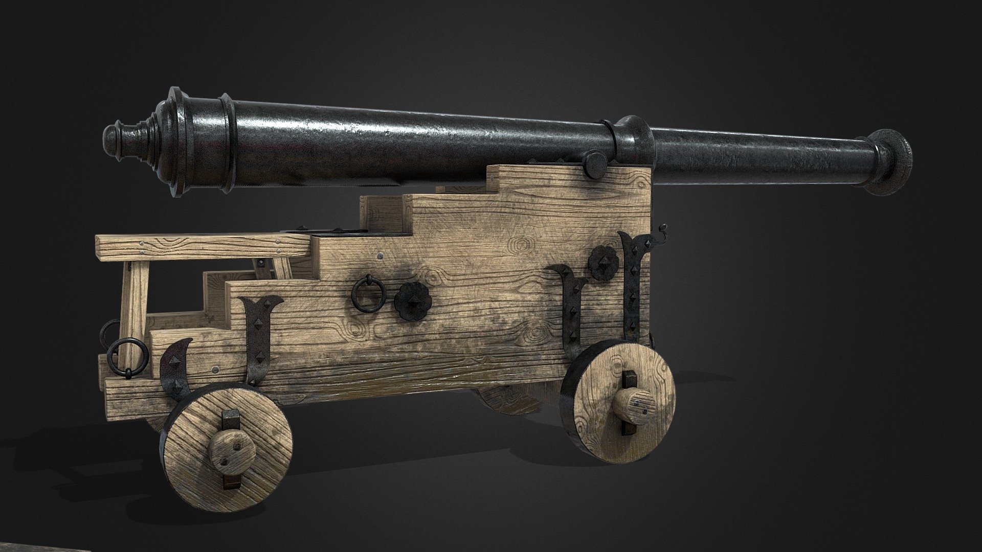 This is a model of an English Saker cannon from the 1600s that was used on the Royal Navy's ships. 

This model was created in Blender and textured in Adobe Substance Painter. 

It has 2048x2048 PBR textures that consists of Albedo, Metalic, Height, Normal and Roughness

Currently has dirt textures on however these can be removed for a more clean look.

Enjoy and please use credit if you are using this model.

Message in the comments if you want clean textures with no dirt

Post in the comments if you would like the lowpoly version - 1600s English Saker Cannon High Poly - Download Free 3D model by Zack_Hawley 3d model