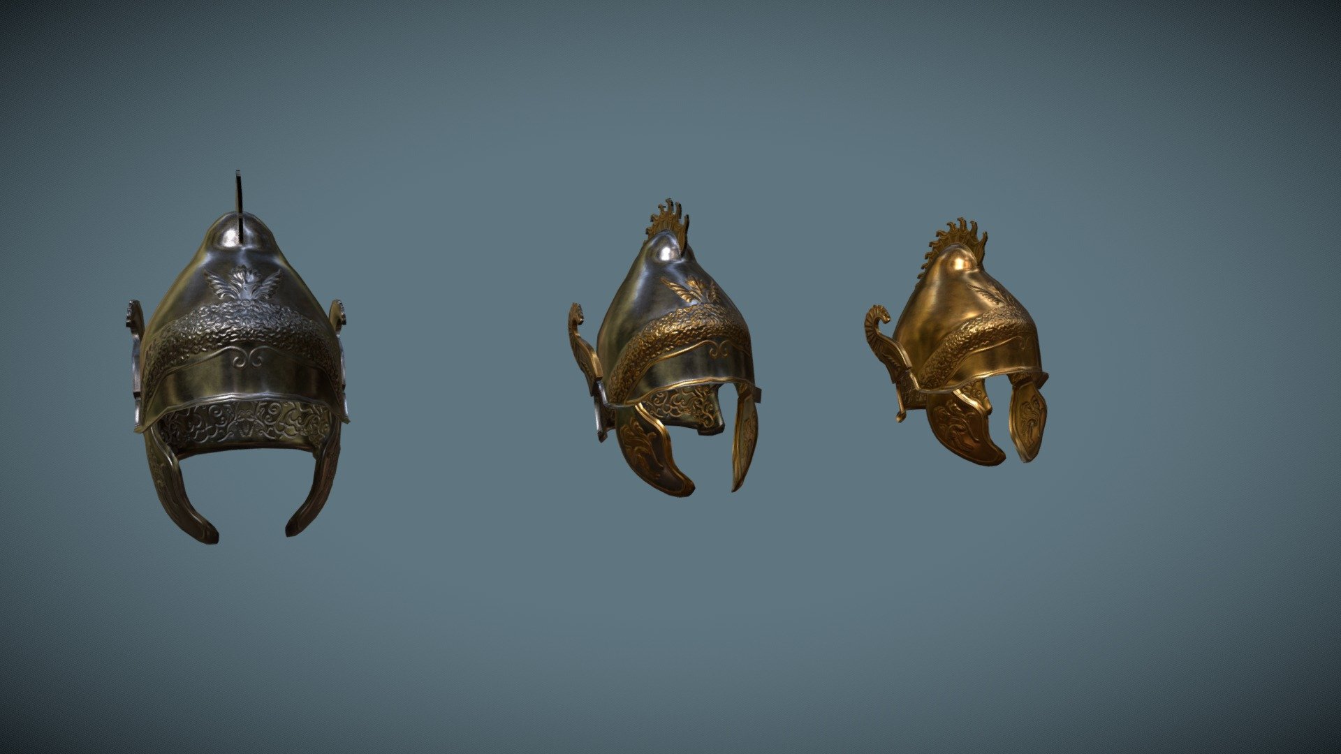 Helmet of the Attico-Phrygian type: Iron and bronze variations, and an additional version with iron base and details painted in bronze.

Made for the RIR: Imperium Surrectum mod, for the game Rome Total War Remastered.

Made in Blender - 3384 vertices

The process consists of modelling a low poly version, from which a copy is made with a very high dense mesh where details are sculpted in, later baked onto its low poly counterpart.

The different colours are textured painted in - Attico-Phrygian Helmets - 3D model by João Paulo (@Grimbold) 3d model