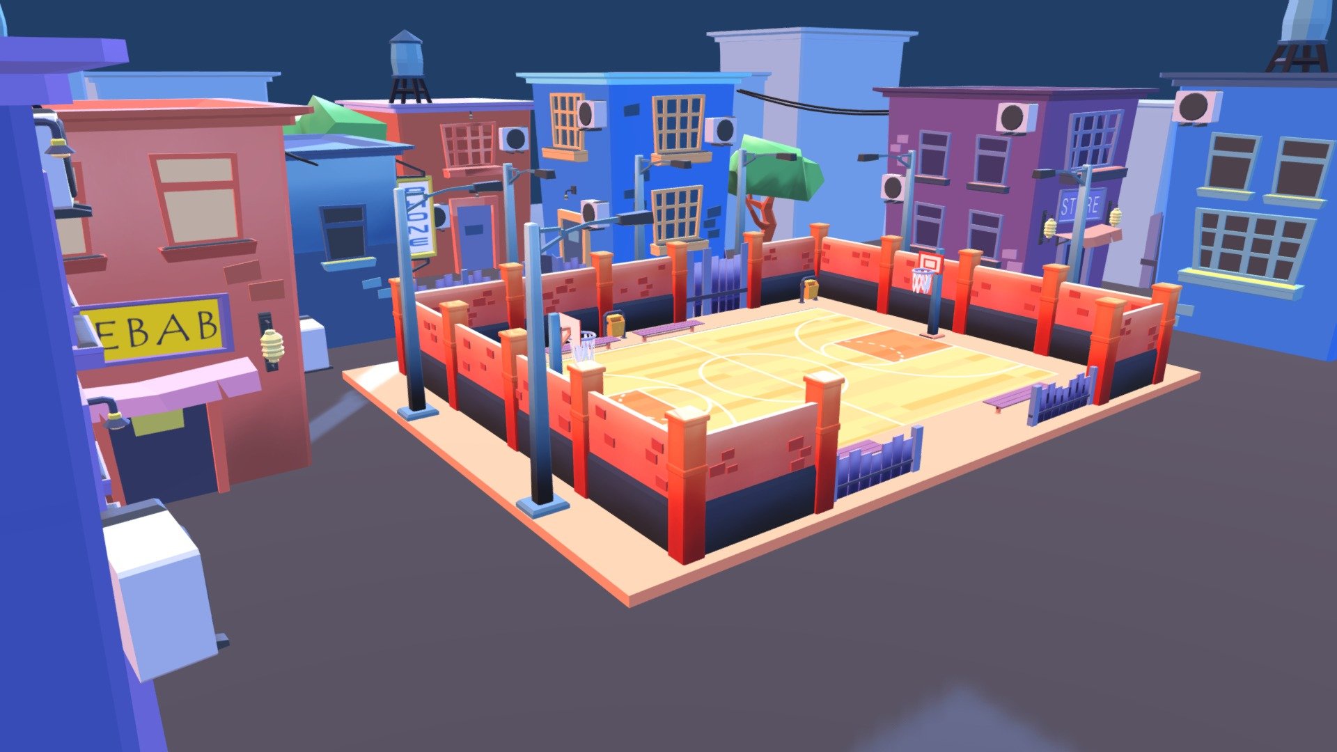 A scene with stylized buildings and a basketball court - Stylized city scene with a basketball-court 3d model
