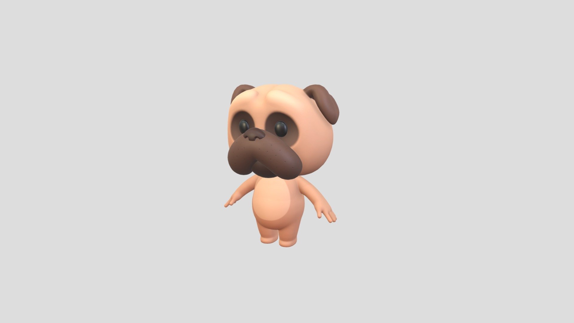Pug Character 3d model.      
    


File Format      
 
- 3ds max 2021  
 
- FBX  
 
- OBJ  
    


Clean topology    

No Rig                          

Non-overlapping unwrapped UVs        
 


PNG texture               

2048x2048                


- Base Color                        

- Normal                            

- Roughness                         



3,786 polygons                          

3,857 vertexs                          
 - Character191 Pug - Buy Royalty Free 3D model by BaluCG 3d model