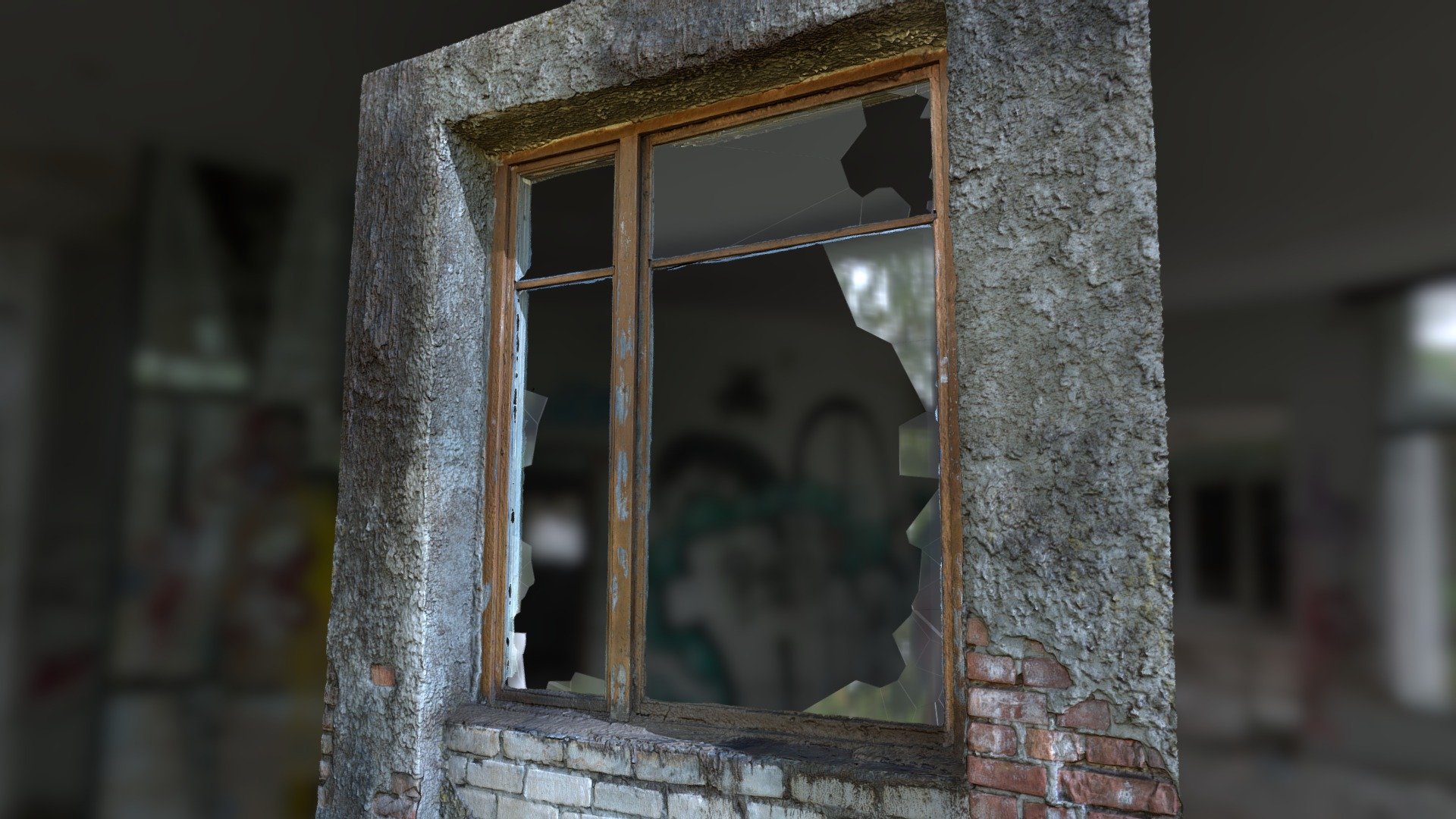 Old, abandoned, broken brown wooden window with some glass remaining in the frame.
Wall made of bricks and concrete 3d model