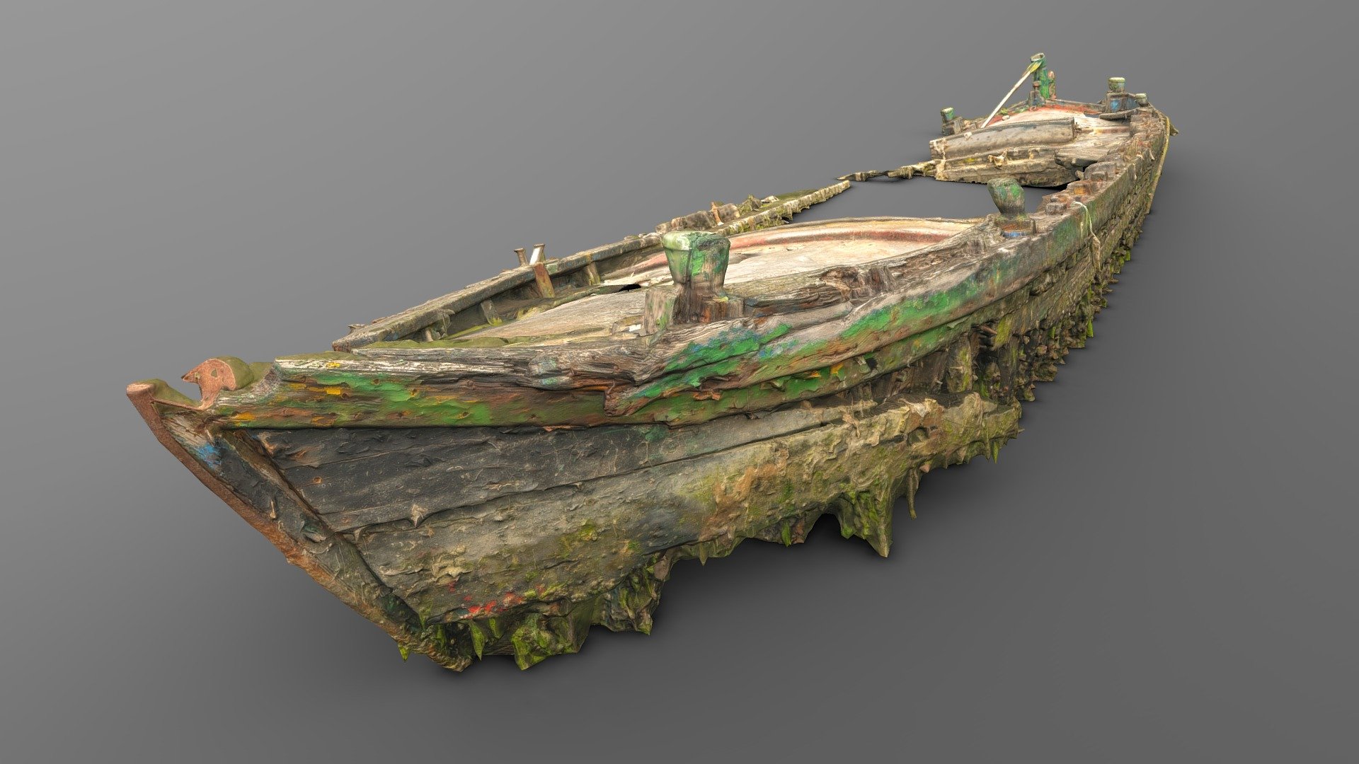Super telephoto photogrammetry of a wreck abandoned boat derelict. Pealing chipping off layers of paint. Lots of seaweed and seashells from the lagoon of Venice.

Unfortunately I could't get full coverage because I coun't get very close to the subject, maybe 20m the closest, I could't get all the photos I wanted especially from  the top. This was one of times I wish I had a drone (not sure if it's even allowed to fly in that area anyway), so I tried my best with a 400mm lens handheld from any place I could walk around it.

I managed anyway to get comfortably 3x8K textures and normals in a relatively low poly model.

Maybe if I find the right conditions again (low tide and good light) I could try to reshoot this one, maybe from a boat&hellip; stay tuned for a possible reupload 3d model