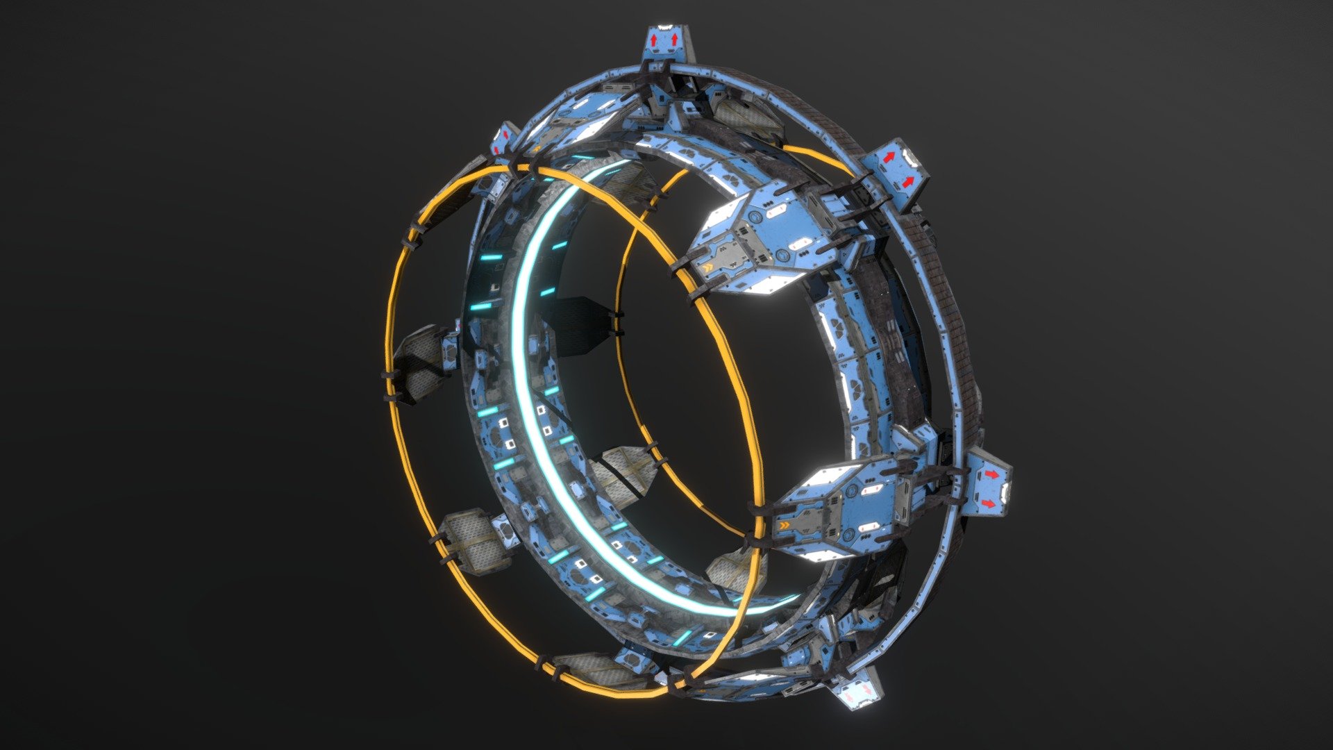 This is a model of a low-poly and game-ready scifi jumpgate. 

The weapons are separate meshes and can be animated with a keyframe animation tool. The weapon loadout can be changed as well.

The model comes with several differently colored texture sets. The PSD file with intact layers is included too.

Please note: The textures in the Sketchfab viewer have a reduced resolution to improve Sketchfab loading speed.

If you have purchased this model please make sure to download the “additional file”.  It contains FBX and OBJ meshes, full resolution textures and the source PSDs with intact layers. The meshes are separate and can be animated (e.g. firing animations for gun barrels, rotating turrets, etc) 3d model