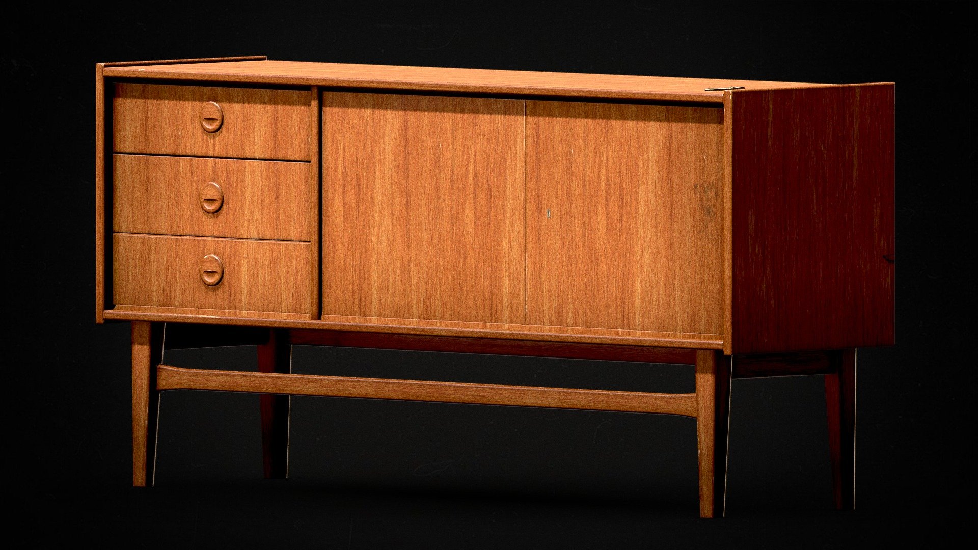 Game-ready optimized mid-century sideboard. Can be used for real-time applications, archviz, etc.

Sideboard can't be opened. Includes a key model 3d model