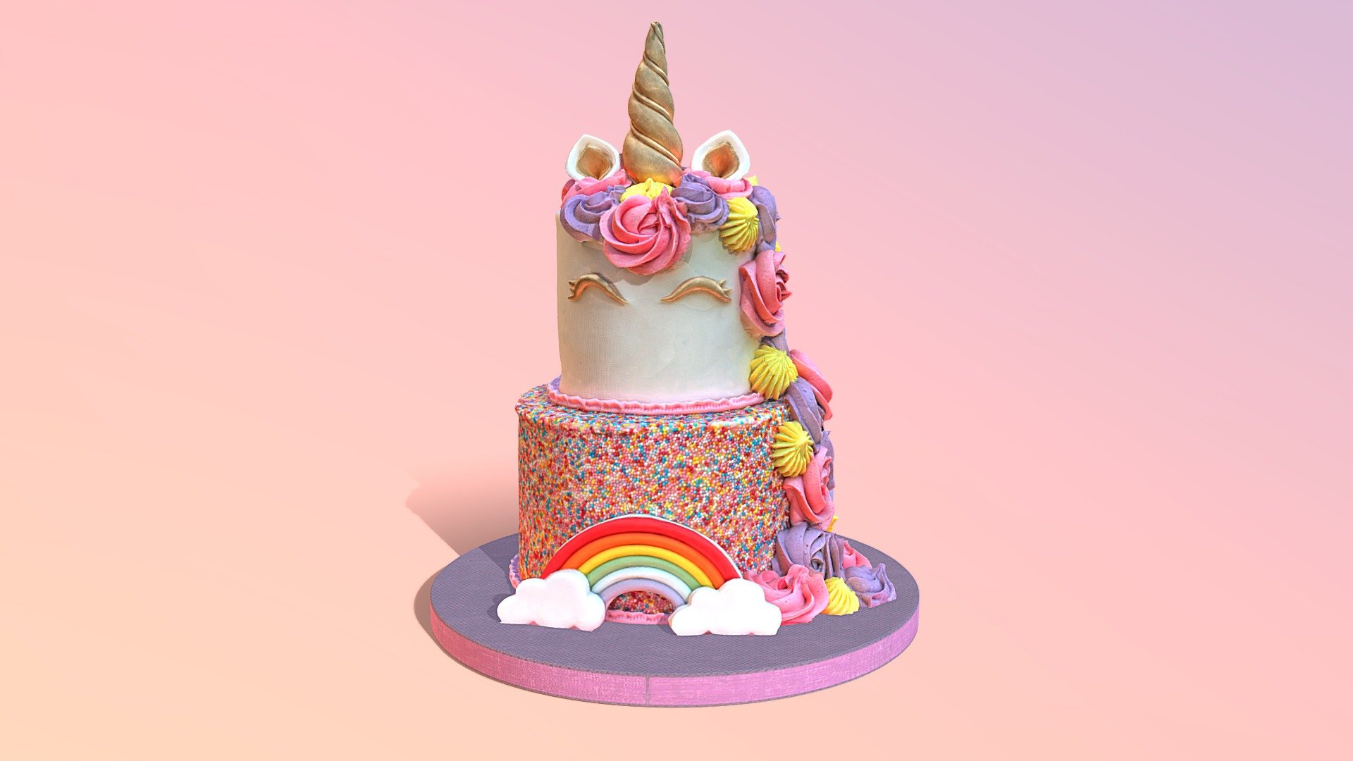 3D scan of a gorgeous Tiered Unicorn Cake which is made by CAKESBURG Online Premium Cake Shop in UK. You can also order real cake from this link: https://cakesburg.co.uk/products/unicorn-cake-2?_pos=1&amp;_sid=86743a5fb&amp;_ss=r

Textures 4096*4096px PBR photoscan-based materials Base Color, Normal Map, Roughness) - Tiered Unicorn Cake - Buy Royalty Free 3D model by Cakesburg Premium 3D Cake Shop (@Viscom_Cakesburg) 3d model