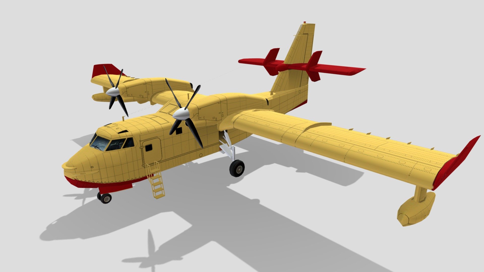 The Canadair CL-415 (Super Scooper, later Bombardier 415) and the De Havilland Canada DHC-515 are a series of amphibious aircraft built originally by Canadair and subsequently by Bombardier and Viking Air, and De Havilland Canada. The CL-415 is based on the Canadair CL-215 and is designed specifically for aerial firefighting; it can perform various other roles, such as search and rescue and utility transport.

3D low-poly model of a Canadair CL-415,, optimized for minimal complexity with less than 5000 polygons. Despite its low polygon count, the model accurately captures the iconic design and aerodynamic features of the IAI Arava, making it ideal for real-time rendering in games or simulations. The model comes with a blank 2048x2048 layered texture, providing a clean slate for customization. This allows you to apply your own color schemes, or decals 3d model
