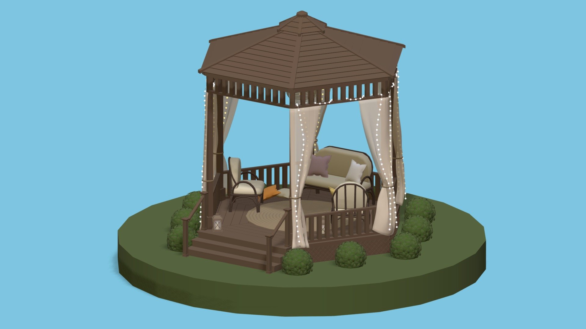 Hello everyone !

I am pleased to present this gazebo that will blend into any decor of this style ! You can integrate this 3d model into all your games or animations and create a unique decor of which only you have the secret ! This pack contains:

Gazebo
Sofa
Armchair
Cushion
Lantern
Curtain
Light strings
Staircase
Carpet
Lamp
Bushes
In fact, everything you see in the images above. Let yourself be carried away by your imagination ! Enjoy !

Made with blender - Gazebo - Buy Royalty Free 3D model by ApprenticeRaccoon 3d model