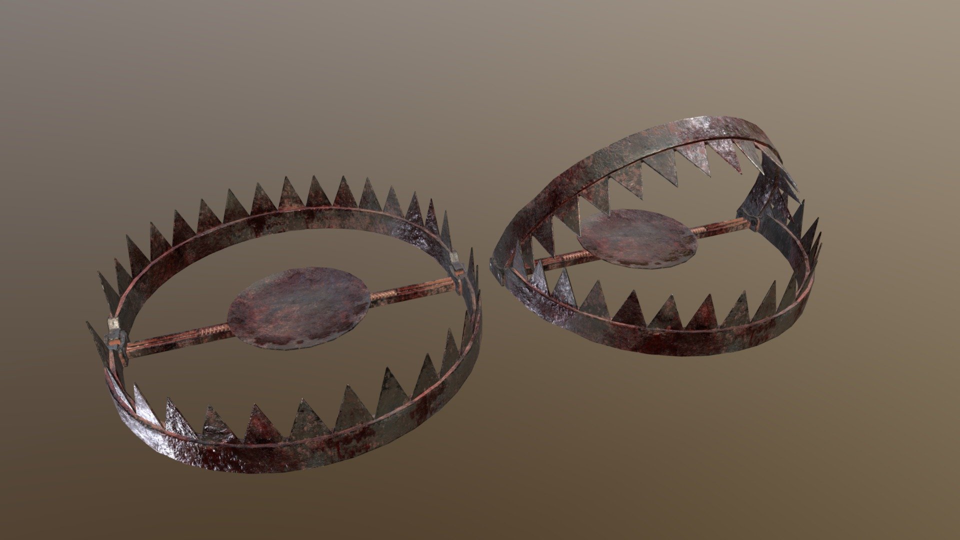 Bloody Bear Traps 3D Model. This model contains the Bloody Bear Traps itself 

All modeled in Maya, textured with Substance Painter.

The model was built to scale and is UV unwrapped properly. Contains a 4K and 2K texture set.  

⦁   4584 tris. 

⦁   Contains: .FBX .OBJ and .DAE

⦁   Model has clean topology. No Ngons.

⦁   Built to scale

⦁   Unwrapped UV Map

⦁   4K Texture set

⦁   High quality details

⦁   Based on real life references

⦁   Renders done in Marmoset Toolbag

Polycount: 

Verts 2628

Edges 5232 

Faces 2644

Tris 4584

If you have any questions please feel free to ask me 3d model