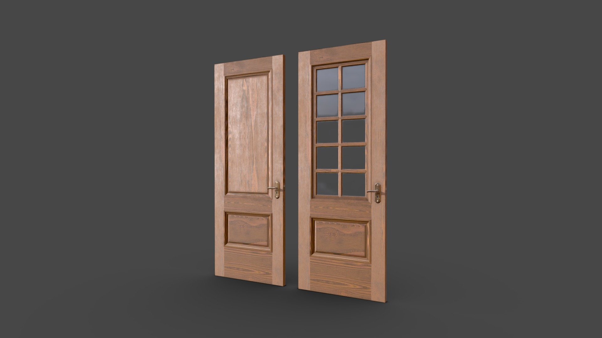 Rustic Wooden Doors. External and internal doors (One with glass windows and the other without). Optimised and ready for game or render engines.

Low poly and high poly model varients included.

PBR texture maps included (.jpg):

Basecolor

Metallic

Normal

Roughness

Opacity

Unity maps included (.png):

AlbedoTransparency

MetallicSmoothness

Normal

Opacity

Texture Res (4096 x 4096 px) - Rustic Wooden Doors - Game Ready Low-poly - Buy Royalty Free 3D model by Sean Byrne (@seanbyrne) 3d model