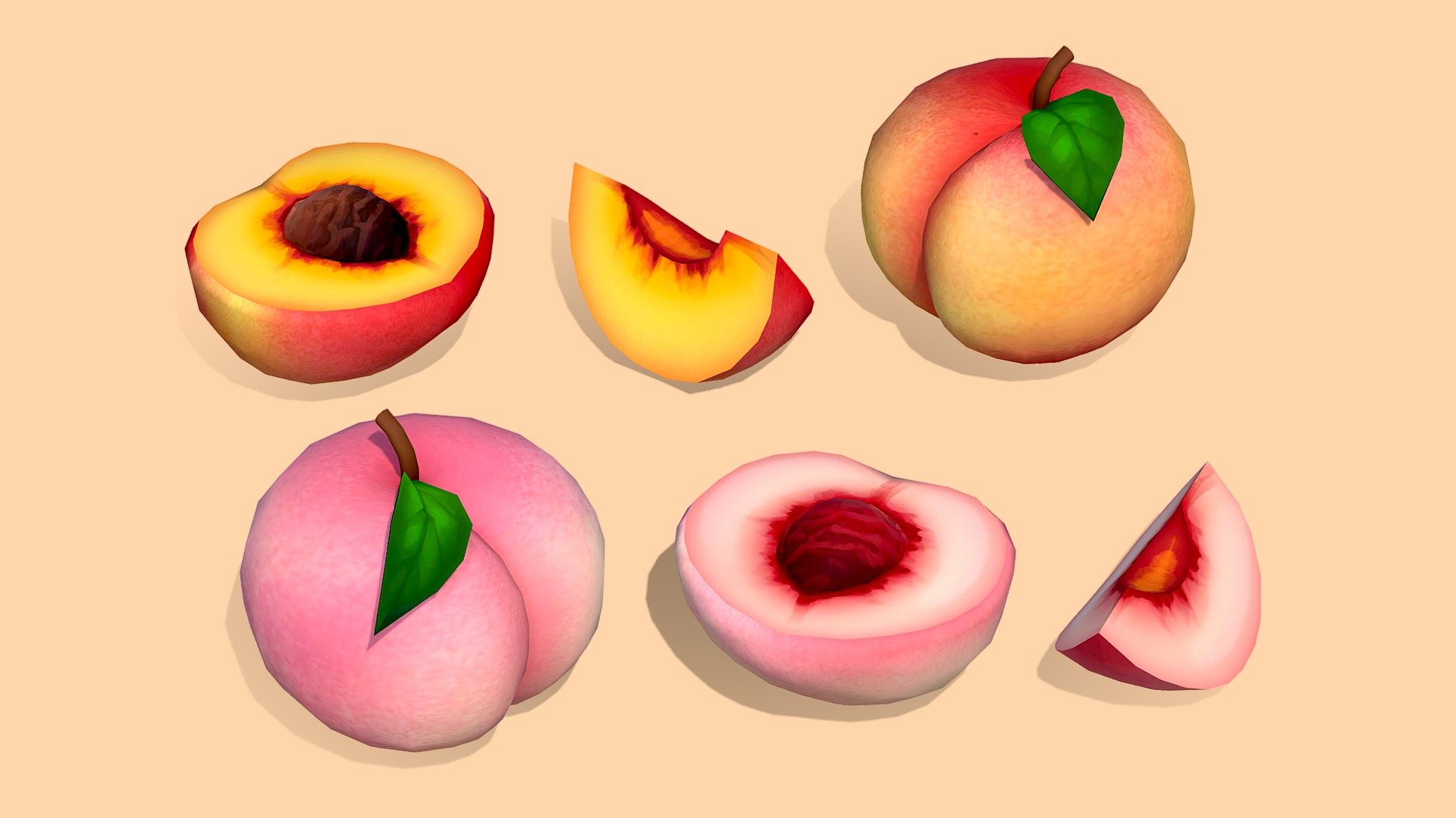 The sweetest fruit and arguably one of the best emojis!




Includes 6 models including whole fruit, halved and sliced versions

1024x1024 handpainted, diffuse texture

Low poly, game ready models. Perfect for mobile!
 - Peaches - Buy Royalty Free 3D model by Megan Alcock (@citystreetlight) 3d model