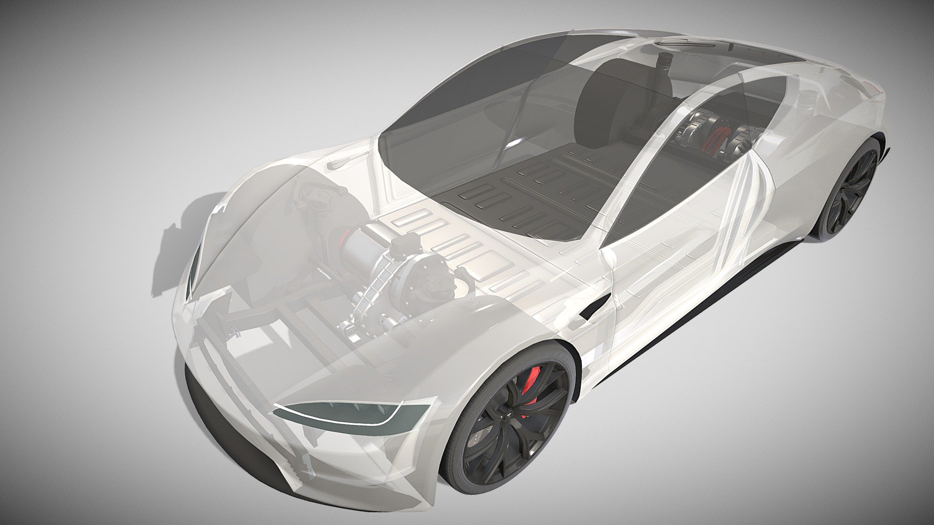 Tesla Roadster with full chassis (battery pack, 3 motor setup, brakes, linkages, suspension, steering) 3d model rendered with Cycles in Blender, as per seen on attached images.

File formats:
-.blend, rendered with cycles, as seen in the images;
-.blend, rendered with cycles, with a see-through of the chassis, as seen in the images;
-.obj, with materials applied;
-.dae, with materials applied;
-.fbx, with material slots applied;
-.stl;

Files come named appropriately and split by file format.

3D Software:
The 3D model was originally created in to Blender 2.79 and rendered with Cycles.

Materials and textures:
The models have materials applied in all formats, and are ready to import and render.
The models come with no image textures as everything is material based 3d model