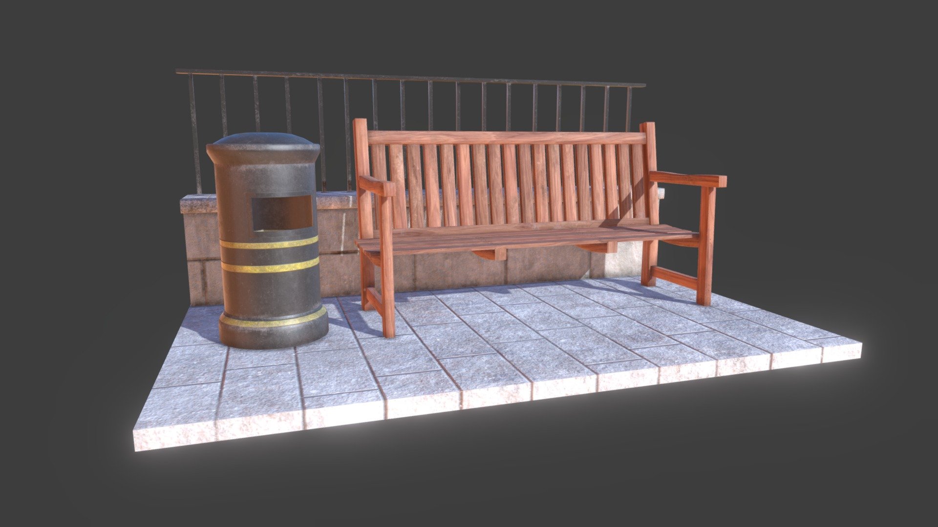 This asset consist of a wooden bench, a dustbin and a concrete plus metal fence 3d model
