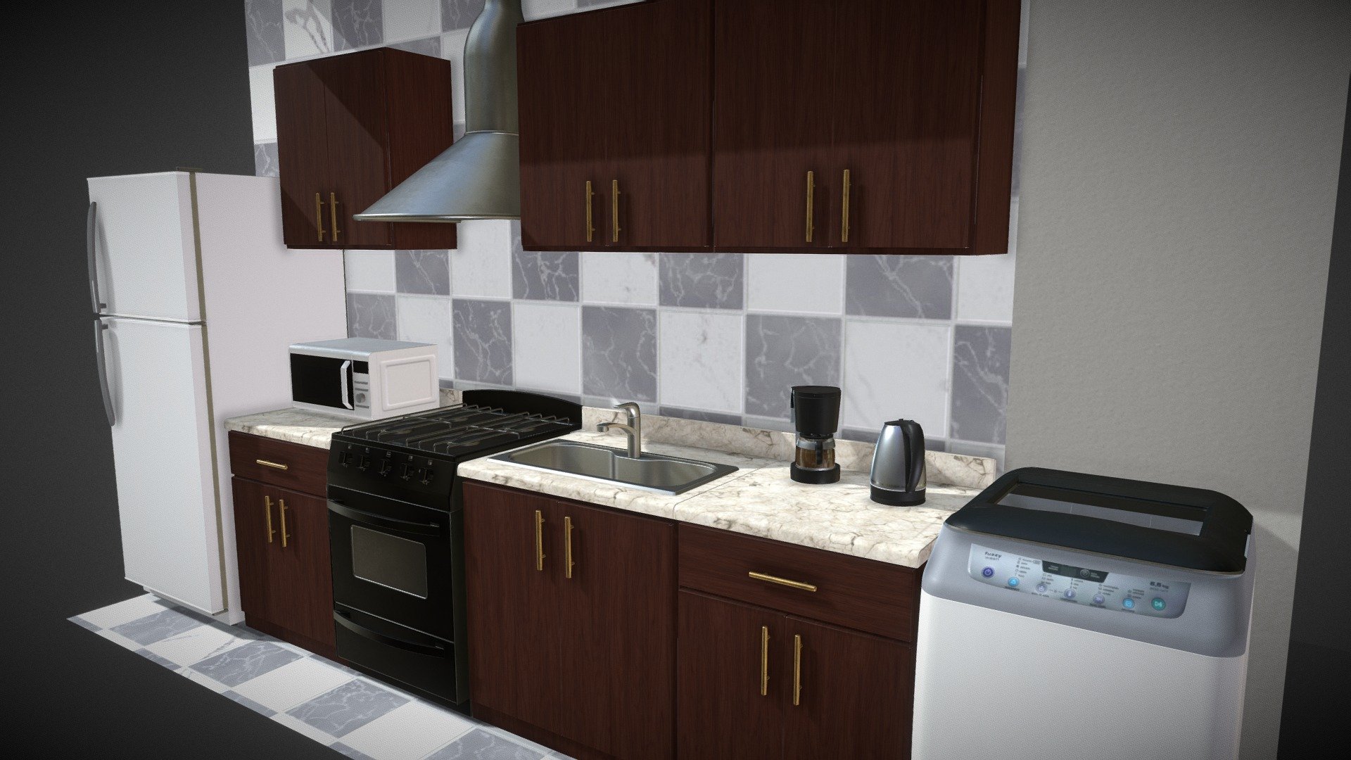 Integral kitchen: furniture, countertop, appliances, etc.

-LOW POLY It contains a .rar with the asset in .fbx format, with 13 material and textures in x2048 .jpg - Color - Metalic - Normal map - Roughness.

-Number of vertices 25,312.

-Real-world scaled model.

-Ready for game or stage adornment 3d model