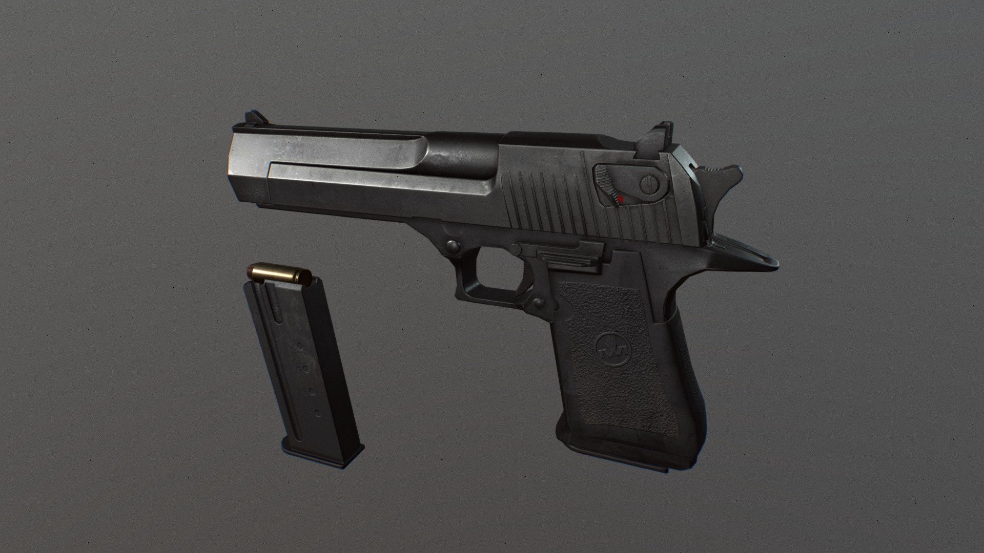 Game ready Deagle made as practice

Different parts are different objects, ready to be rigged and animated.

Plain high poly bake model additionally if you want to retexture it yourself: https://sketchfab.com/3d-models/desert-eagle-baked-17f81cb7db5448ebbd462d8e25885e07 - IWI Desert Eagle - Download Free 3D model by Spawd 3d model