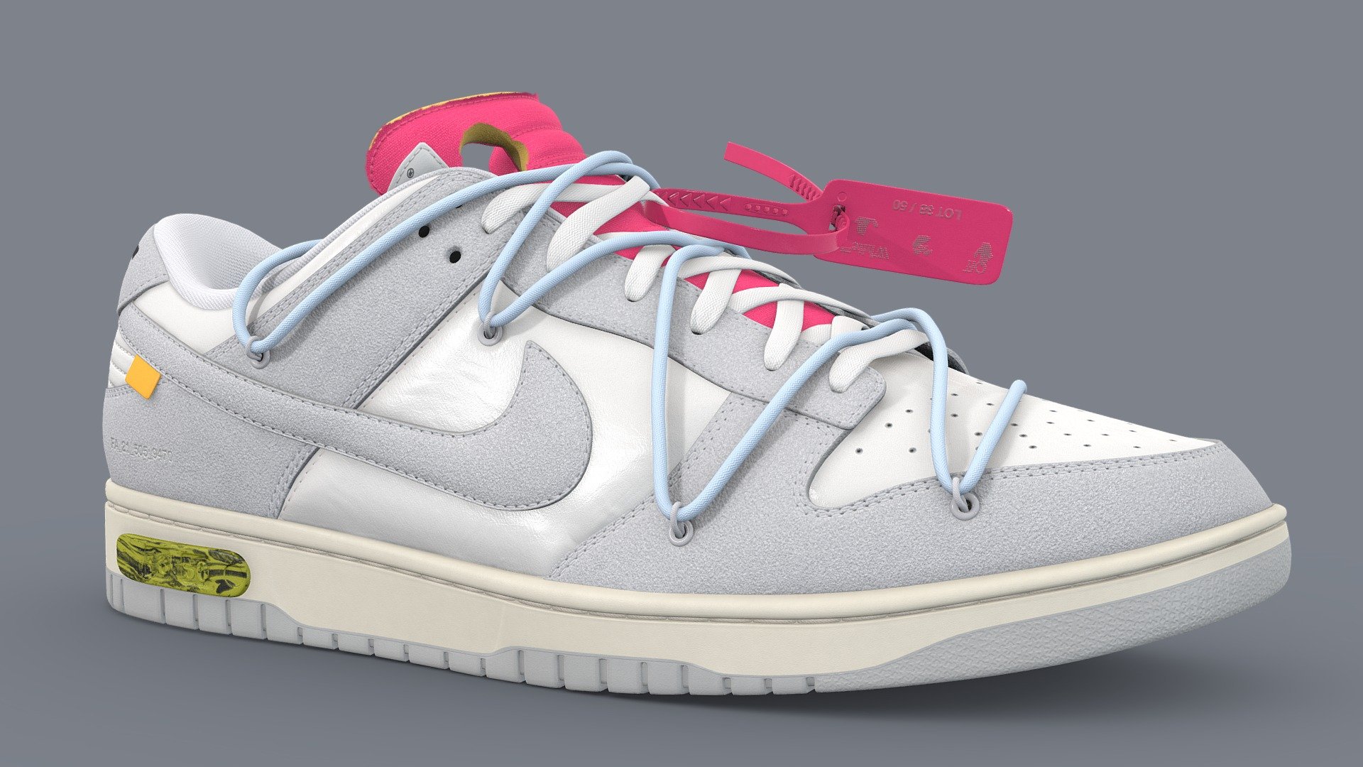 Off White collaboration with Nike on a Dunk Low, made in Blender, textured in Substance. Released in 2021. Each Lot has its own unique twist, this shoe boasts a vibrant pink tongue with leather and canvas panels.

Every detail was made in the recreation of this shoe, from the text on the medial side of the shoe to the subtlety of each material, nothing went overlooked. Stitches were sculpted by hand to achieve the highest quality, and the frayed edge on the tongue of the shoe was created such that there would be no gap between the canvas fabric and foam

What's included Firstly, two versions of this model. The base version with 4 texture sets, and a One Mesh version that uses only 1 texture set. Both models are identical, only how they are unwrapped is different. There are two texture sets, with 4 maps, namely: Base Color, Metallic, Normal, and Roughness. I have included several other versions, such as High and Low Poly shoes All textures are 4096x4096. Meaning the One Mesh version has 4 2048x2048 textures 3d model