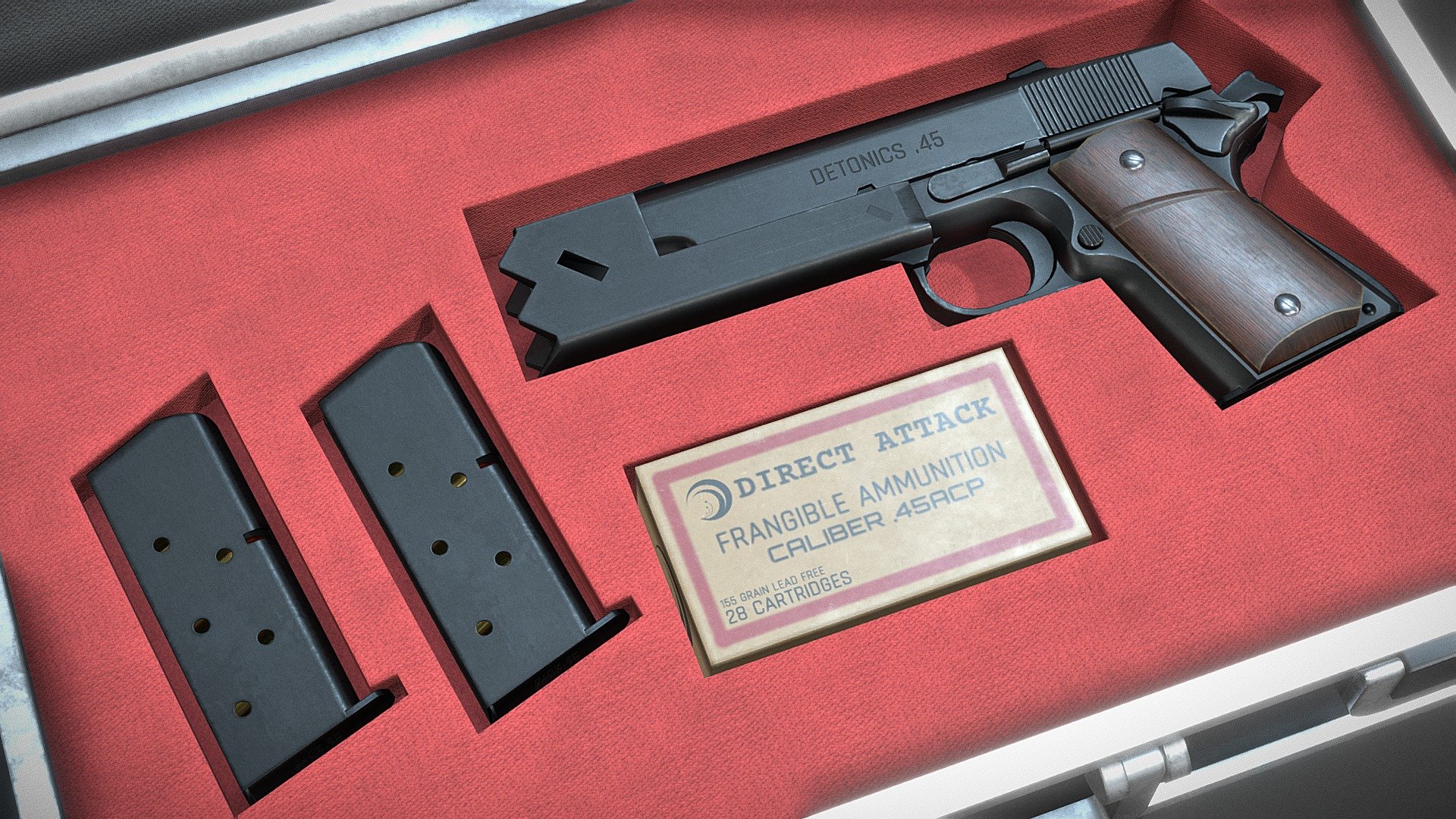 A custom Detonics Combat Master 1911 fitted with a compensator, used by Nishikigi Chisato in Lycoris Recoil. This is my 3D rendition of the gun plus the weapon case seen in Episode 2. 

The Detonics Combat Master is a sub-compact variant of the 1911 family designed specifically to target individuals looking for a conceal carry handgun. Chisato's Detonics features a completely fictional/custom compensator that the animator likely took inspiration from Tokyo Marui's Striker .45 airsoft pistol. In the anime show, Chisato states that she uses &ldquo;non-lethal rubber bullets
