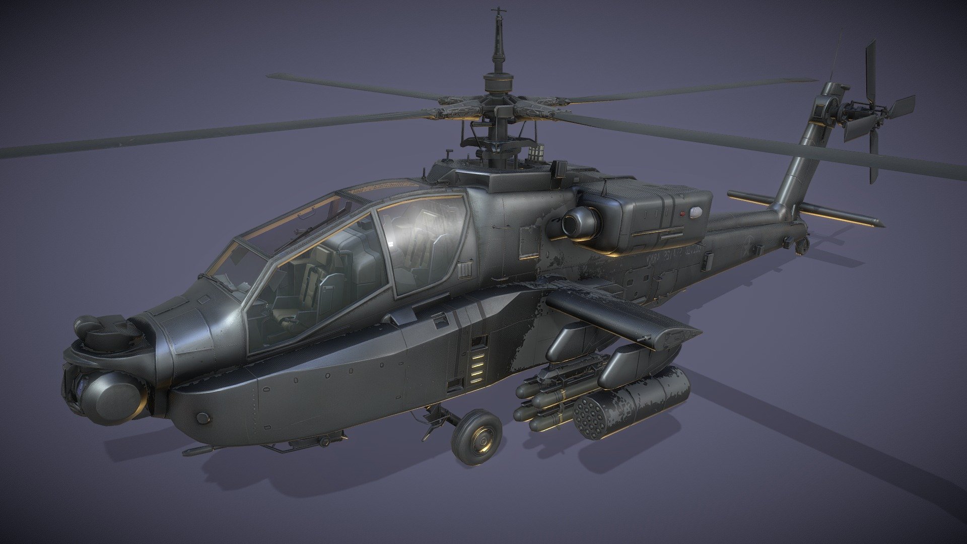 An American twin-turboshaft attack helicopter with a tailwheel-type landing gear arrangement and a tandem cockpit for a crew of two. 




1 mesh.

Geometry: 25210 triangles, 31144 vertices.

Rigged, animations: landing, loop, takeoff.

PBR high resolution textures (4K).

Channels: diffuse, normal, metallic, emission.

SRP support: BuiltIn, URP, HDRP.

Unity version: +2020.3.
 - AH-64 Apache (USA Attack Helicopter) - Buy Royalty Free 3D model by Hitoshi Matsui (@hitoshi.matsui) 3d model
