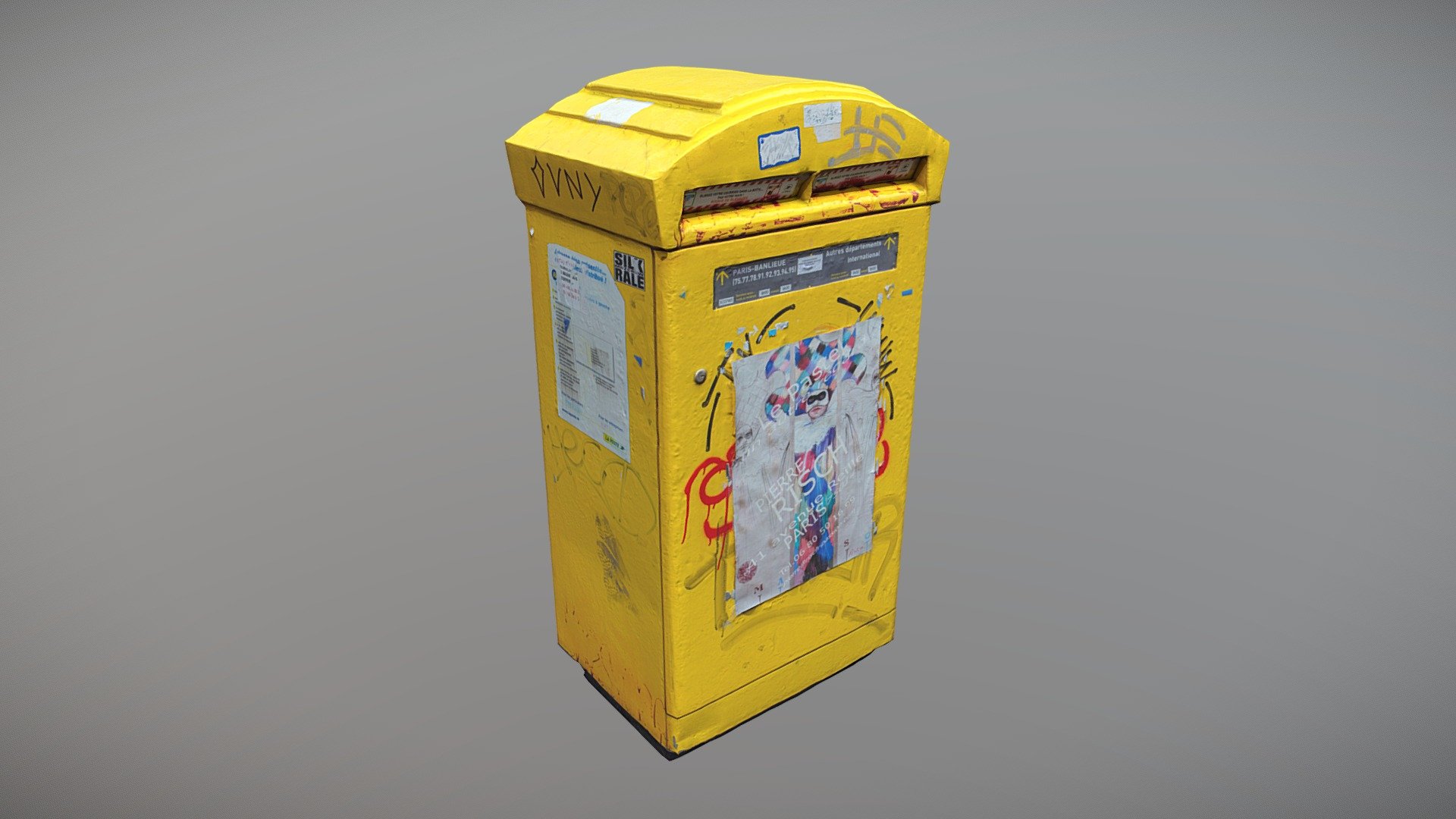Typical mailbox from France, scanned in Paris, perfect to fit in a any french street scene. Highly realistic result. 

Fairly lowpoly photoscan from a source reconstruction of 9.8 millions triangles. 

Retopologized.
4K textures (diffuse, roughness and normal) from 16K source 3d model