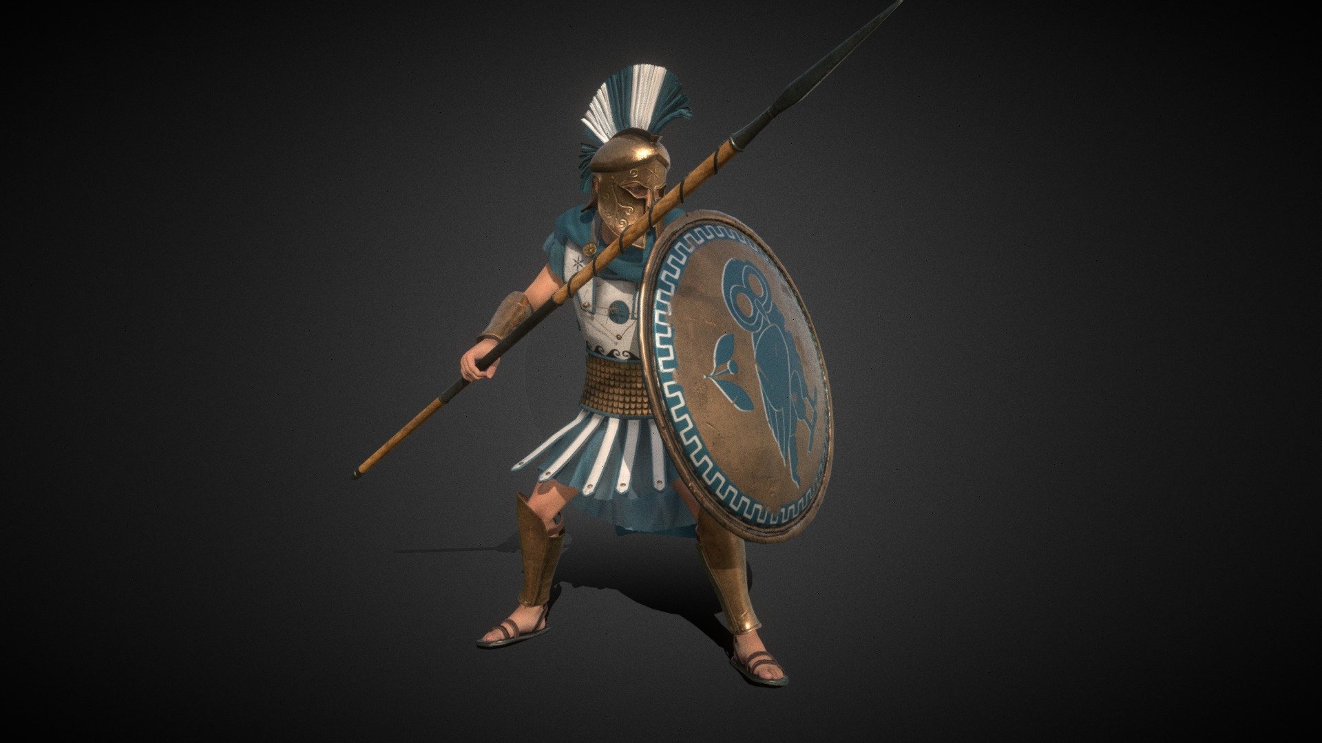 You can see the soldier in this scene: https://www.artstation.com/artwork/QXrxRB
Armor - Blender, Substance Painter, Photoshop.
Human body - Character Creator 4

Also check out my IG: https://www.instagram.com/drastrart_animations/ - Hoplite / Soldier - Peloponnesian war - Buy Royalty Free 3D model by ondrej.streit 3d model