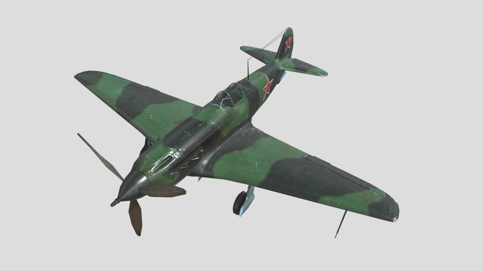 The Yak-9 is a single-engine fighter aircraft used by the Soviet Union during World War II and beyond. . The Yak-9 fighter is the last model of the Yak series of fighters. It is a modification of the Yak-7 with an all-metal wing. It was developed in 1942 and has long-range, ground attack, trainer and other models. It was one of the main fighter types of the Soviet Union during World War II. 16,769 aircraft were produced, making it the largest fighter fleet 3d model