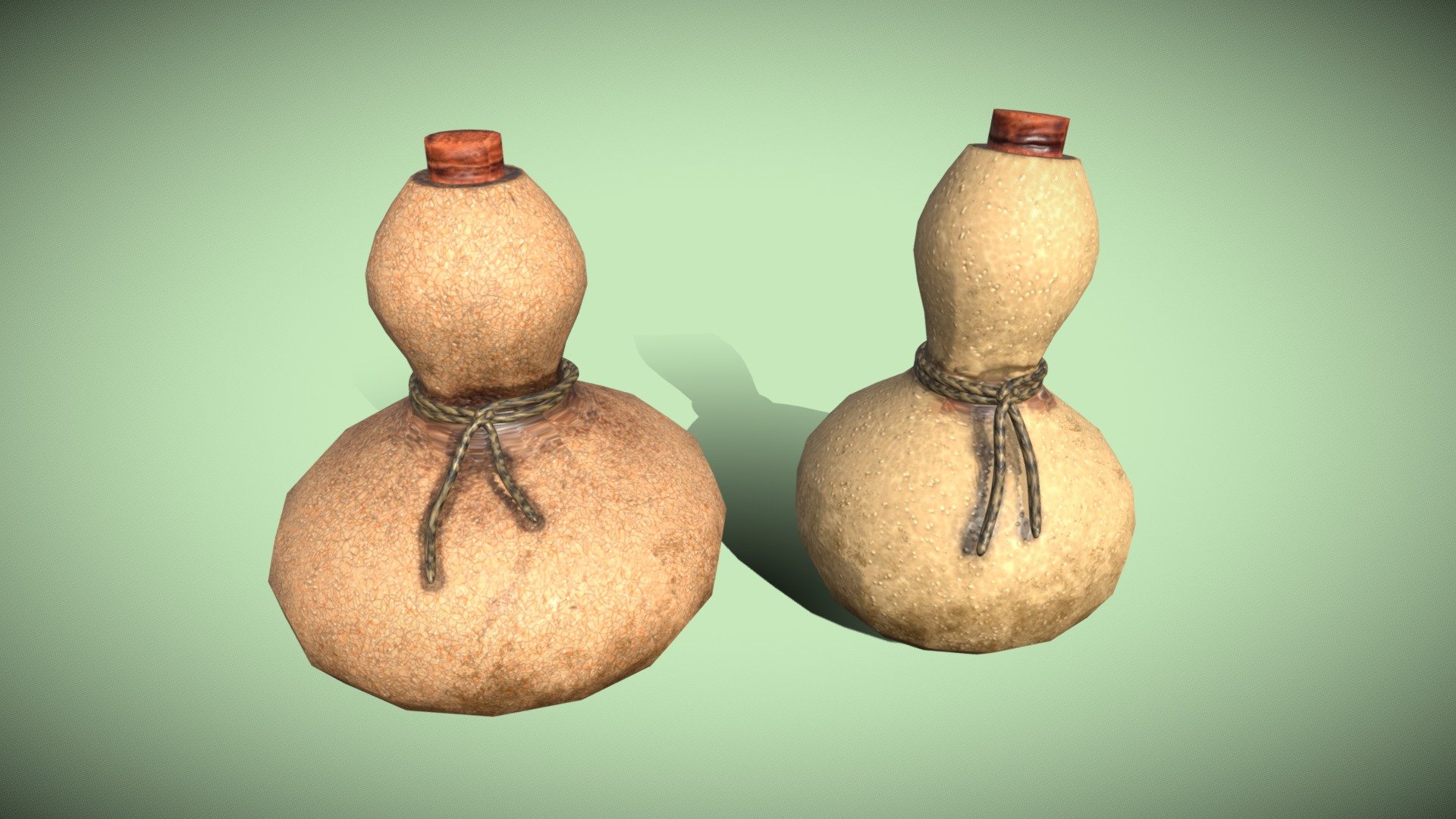 Pumpkin gourds, containers, bottles of water, wine, olive oil, etc&hellip; To decorate in a house or traditional environment, to place in transport, on horseback, in a cart, I would have the person transport it themselves. Models in FBX and Blend. The two gourds are textured in PBR 2048. The ropes are also in PBR size 512 3d model
