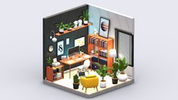 Tiny Office office, plants, printer, cactus, laptop, seat, window, deck, furniture, diorama, isometric, shades, interior-design, architecture, low-poly, blender, lowpoly, chair, mobile, home, achviz