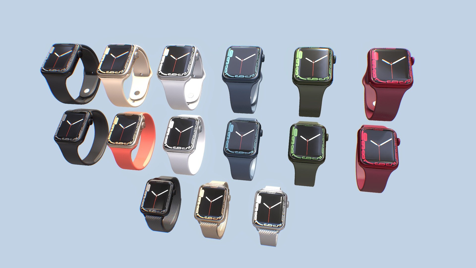 3d model of Apple watch collection all colors   with multi screen and you can easily to put your screen
The model contains Apple Watch Series 7, SE and Series 3 all colors
The model optimized for game engines (Unreal, Unity&hellip;)
Download includes .obj ,.fbx ,.blend file.
Textures: 2K PBR, bundled with additional textures for Unity and UnrealEngine.
Vertices 10057 Faces 9750













 - Apple watch collection all colors - Buy Royalty Free 3D model by dika3d (@ikad2023) 3d model