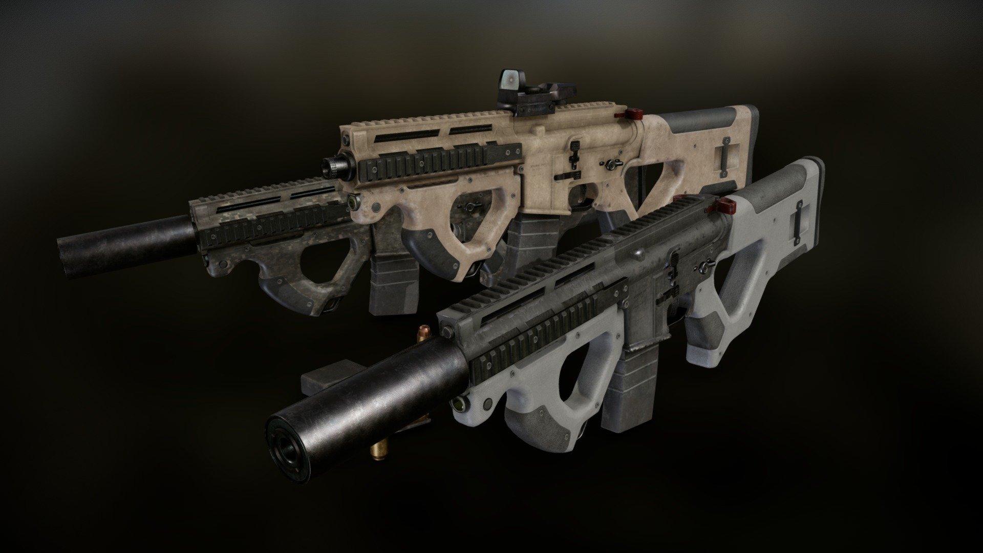 UPDATE!
Model is now rigged and optimized better(reduced vertex numbers)

Heavily modified AR with Hera CQR cuttstock and front grip that shoot 50.cal Beuwulf ammo(12.7x42) and with removed Forward Assist because its annoying and useless in real life, model and in any situation you can imagine.

There are 3 versions of textures: White/Gray Sand and Camo.

Models are game-rady with 4k PBR materials.

Made in Blender 3d model