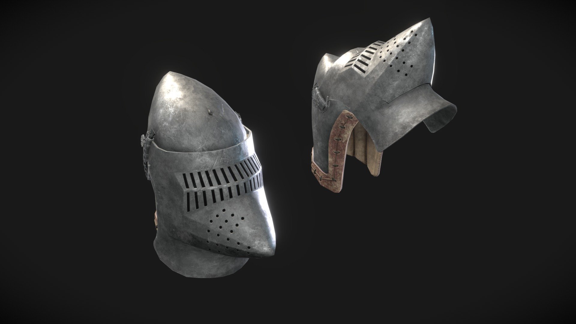 Bascinet helmet, made for a game company application test.

The bascinet was a late 11th century - 12th century armor piece designed to deflect blows from swords and arrows. The visor was an addition made in the early 12th century.

Modeled in Maya, textured in Substance Painter - Bascinet - 3D model by Jason vonGermeten (@jasonvongermeten) 3d model