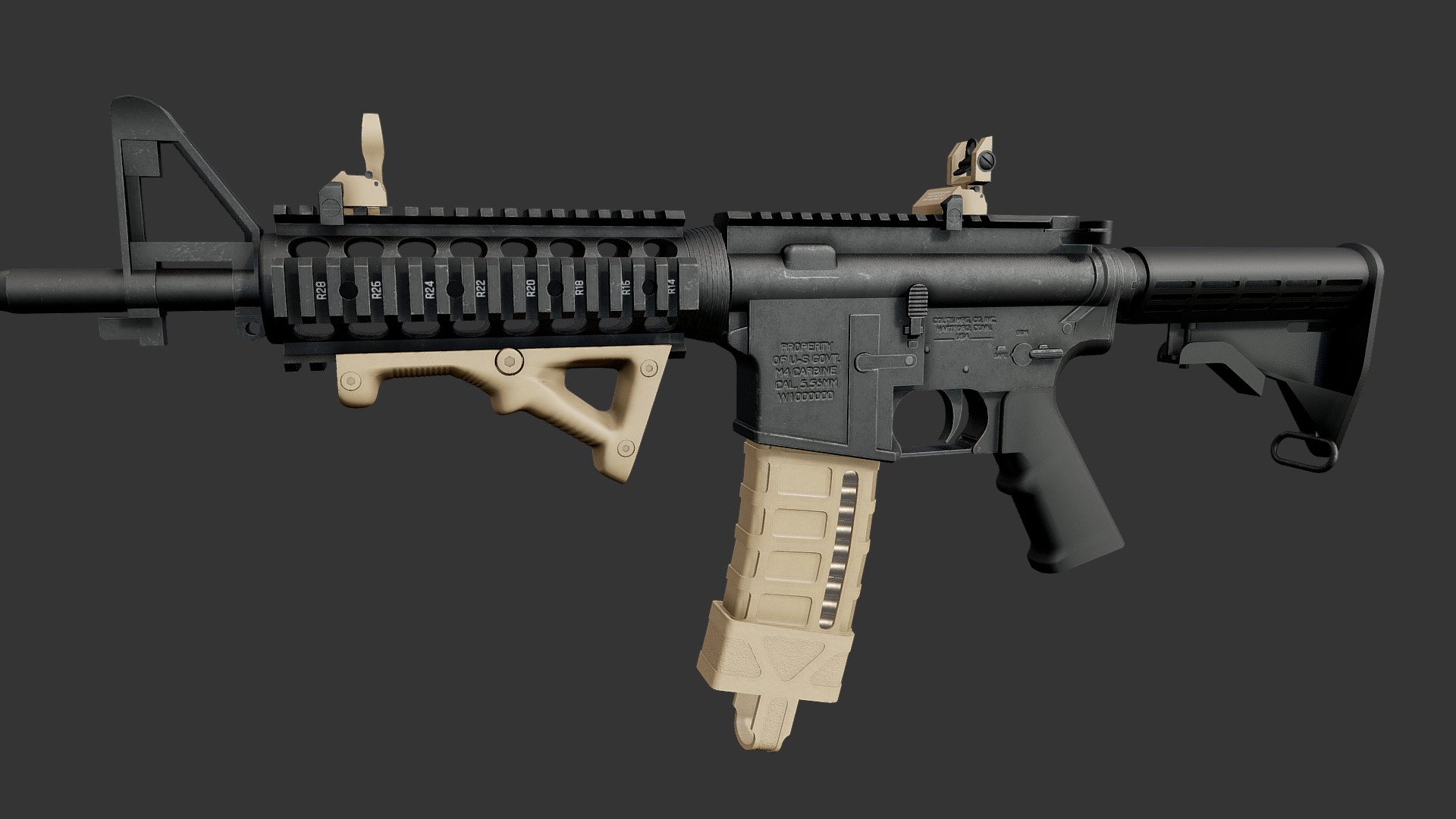 The M4 carbine is a 5.56×45mm NATO, gas-operated, magazine-fed, carbine developed in the United States during the 1980s. It is a shortened version of the M16A2 assault rifle.

The M4 is extensively used by the United States Armed Forces, with decisions to largely replace the M16 rifle in United States Army (starting 2010) and United States Marine Corps (USMC) (starting 2016) combat units as the primary infantry weapon and service rifle. The M4 has been adopted by over 60 countries worldwide, and has been described as “one of the defining firearms of the 21st century” 3d model