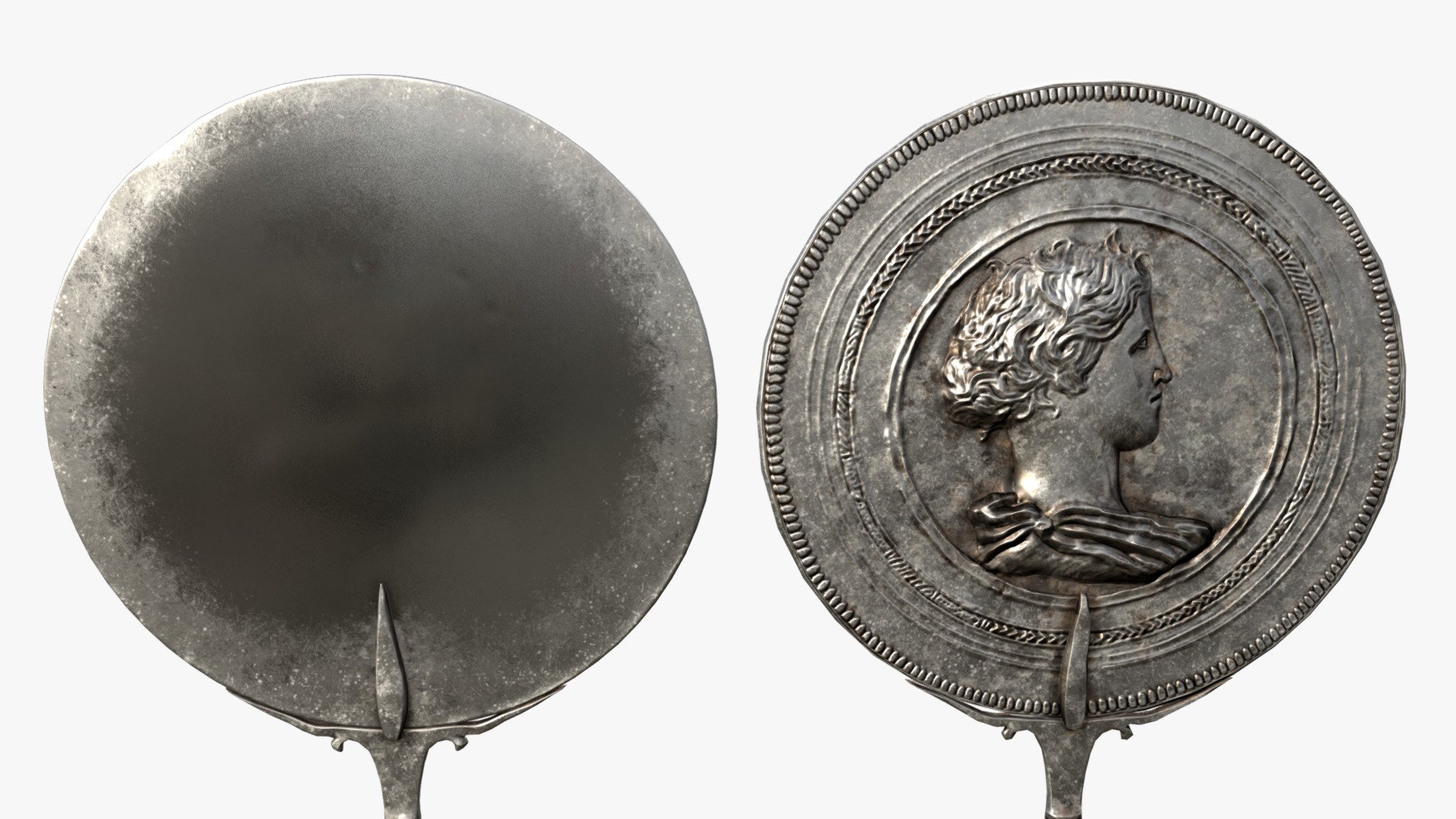 Roman silver mirror decorated with a female figure in relief


Mirror is intended to be used in historically accurate scenes or any other game environment.



&hellip; as this mirror is made for a historical game project by Vestigia.



Prefab:



SM_roman_mirror - Roman silver mirror; Polygon: 1502


Additional version of the prefab (in .zip file)



roman_silver_mirror_V.0 - Roman silver mirror; Polygon: 4121


Technical details



UV mapping and geometry: Polygonal Quads.

Texture set dimensions and number: 2048x2048; 1 set (6 channels).

Types of materials and texture maps: PBR metallic – roughness.

Source: From Pompeii, House of the Menander, mid-1st century A.D 3d model