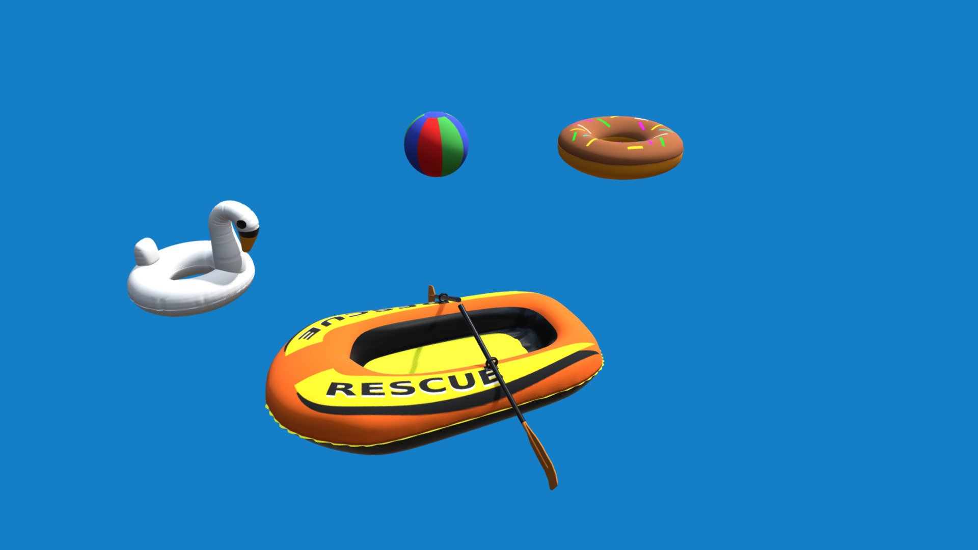 I have some assorted inflatable pool toys, included is a boat with paddles, swan, ball and donut 3d model