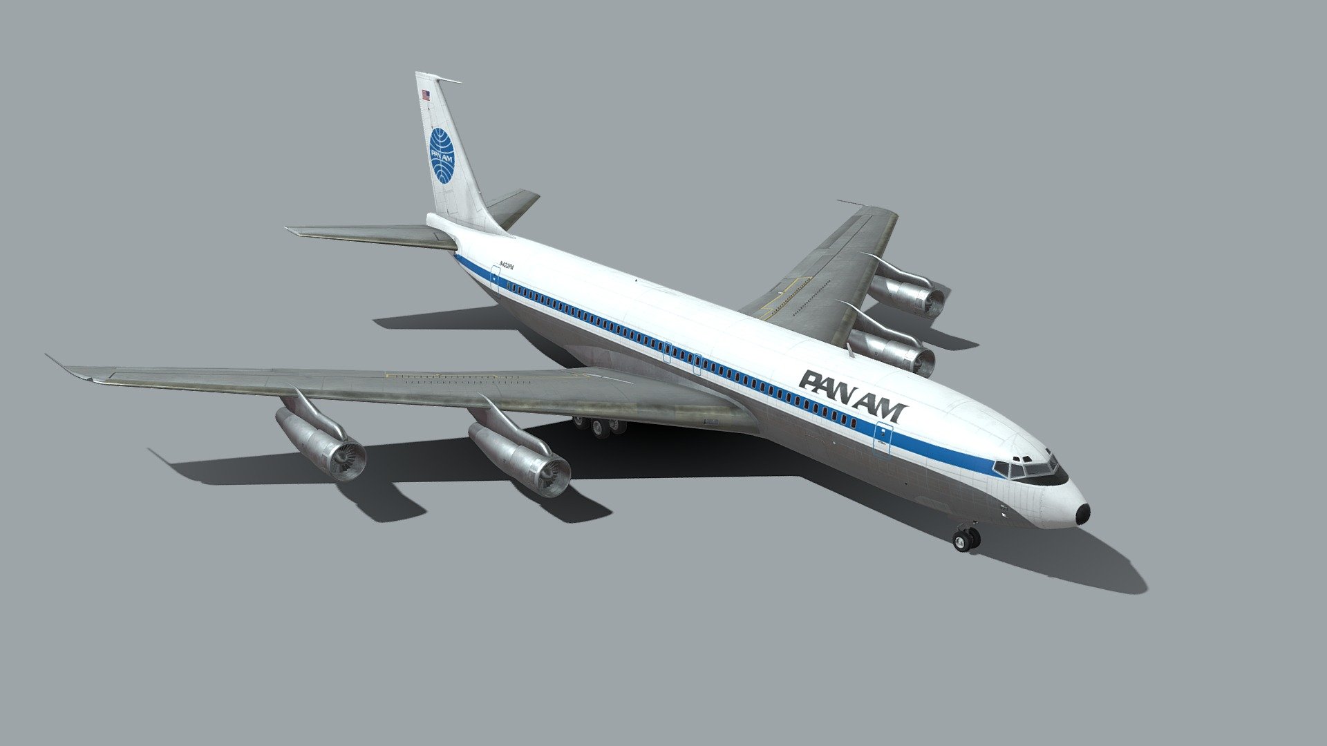 Purchase link is here https://www.artstation.com/artwork/4Xvdak

The Boeing 707 is an American long-range narrow-body airliner that was developed and produced by Boeing Commercial Airplanes, its first jetliner. Developed from the Boeing 367-80, a prototype first flown in 1954, the initial 707-120 first flew on December 20, 1957. Pan American World Airways began regular 707 service on October 26, 1958. The airplane was built until 1979. A quadjet, the 707 has a swept wing with podded engines. Its larger fuselage cross-section allowed six-abreast economy seating, retained in the later 720, 727, 737, and 757.

Although it was not the first commercial jetliner in service, the 707 was the first to be widespread and is often credited with beginning the Jet Age It dominated passenger air transport in the 1960s, and remained common through the 1970s, on domestic, transcontinental, and transatlantic flights, as well as cargo and military applications 3d model